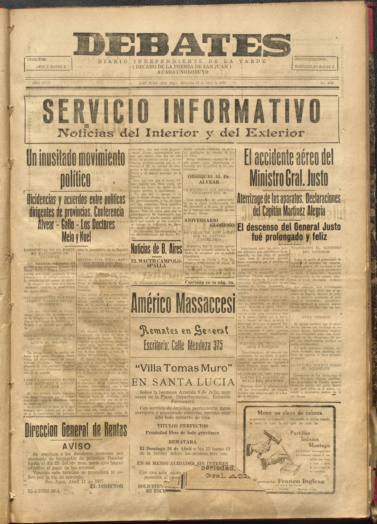 Portada · Diario Debates del 13 de abril de 1927