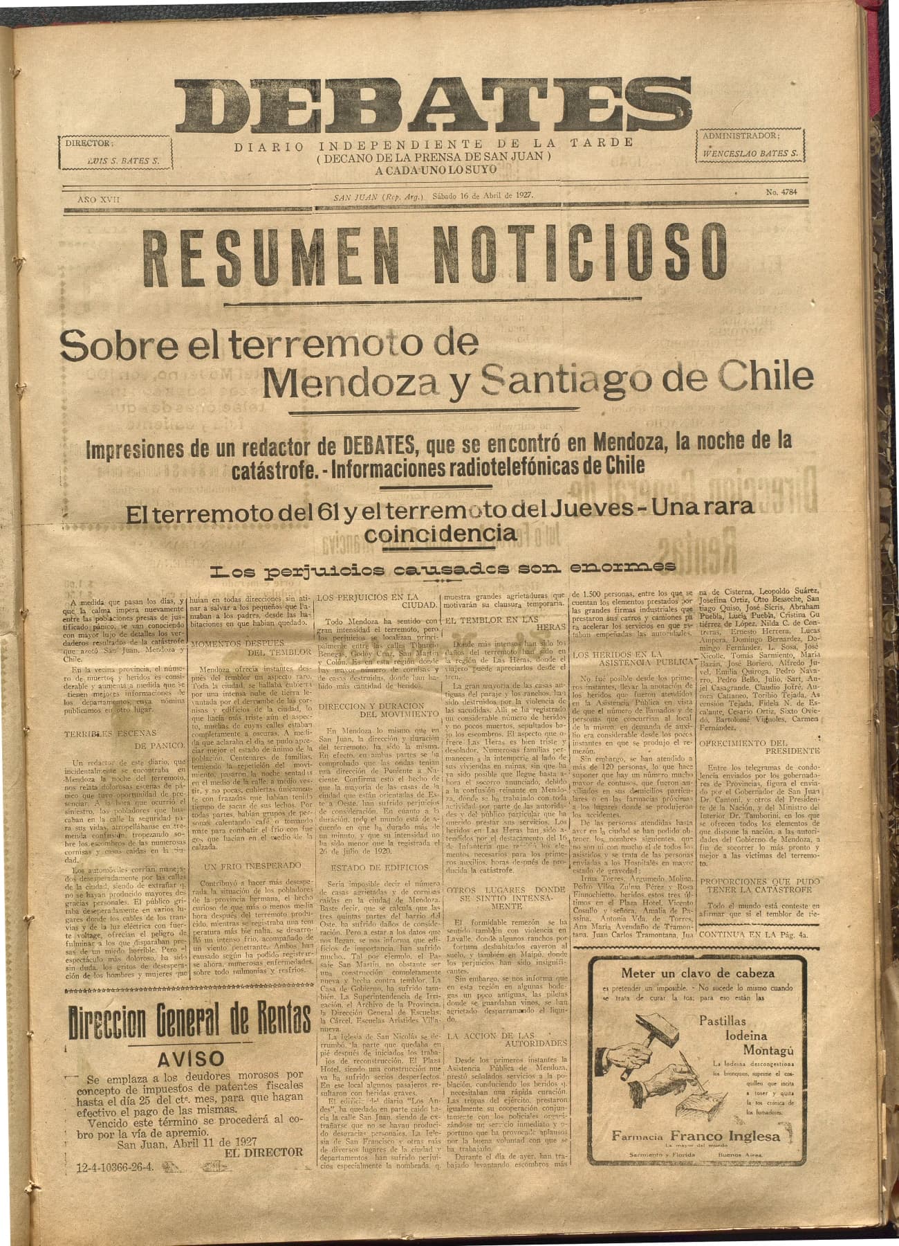 Portada · Diario Debates del 16 de abril de 1927