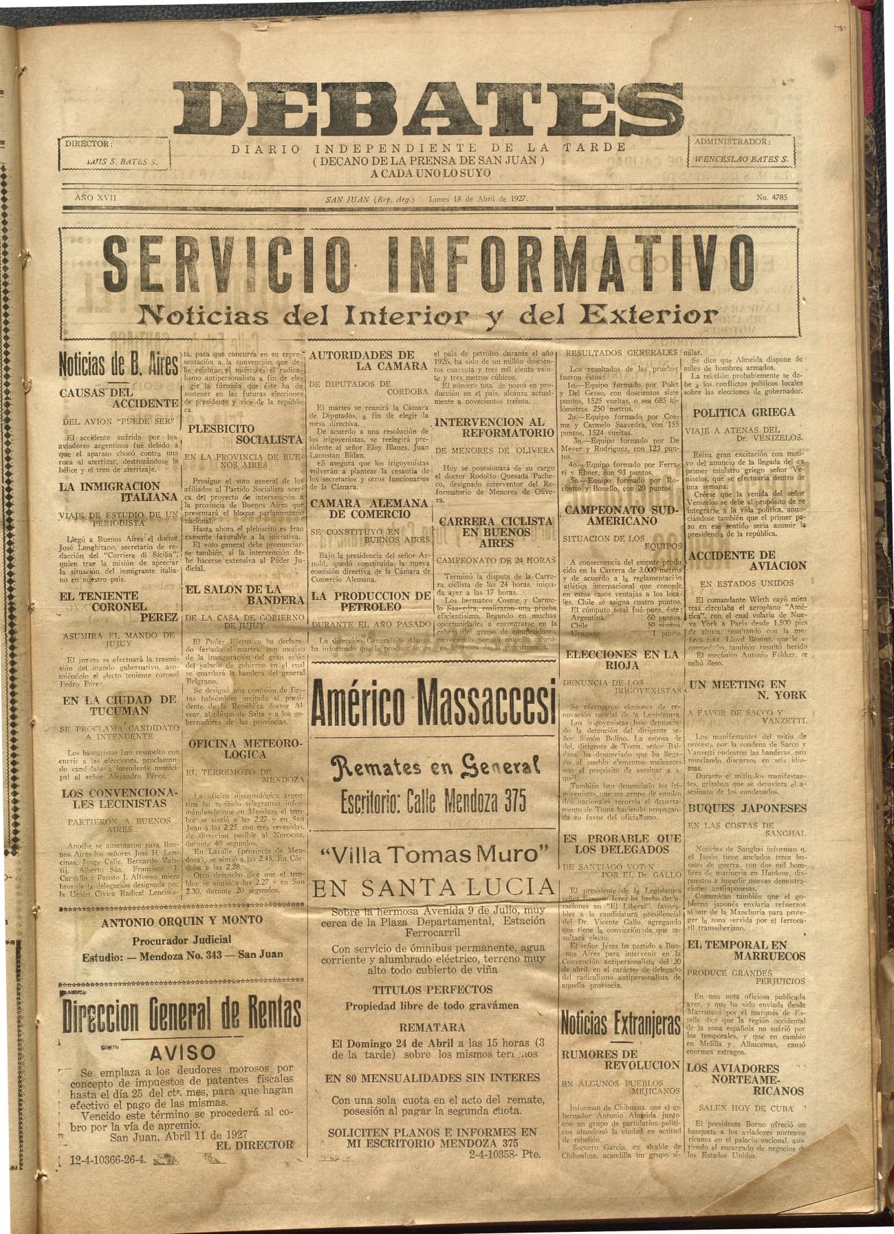 Portada · Diario Debates del 18 de abril de 1927