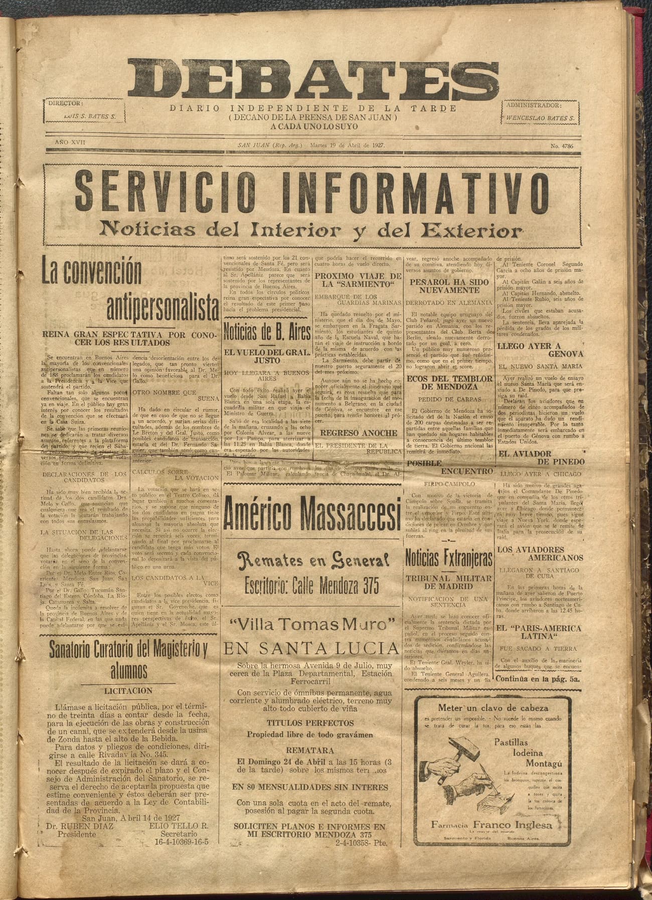 Portada · Diario Debates del 19 de abril de 1927