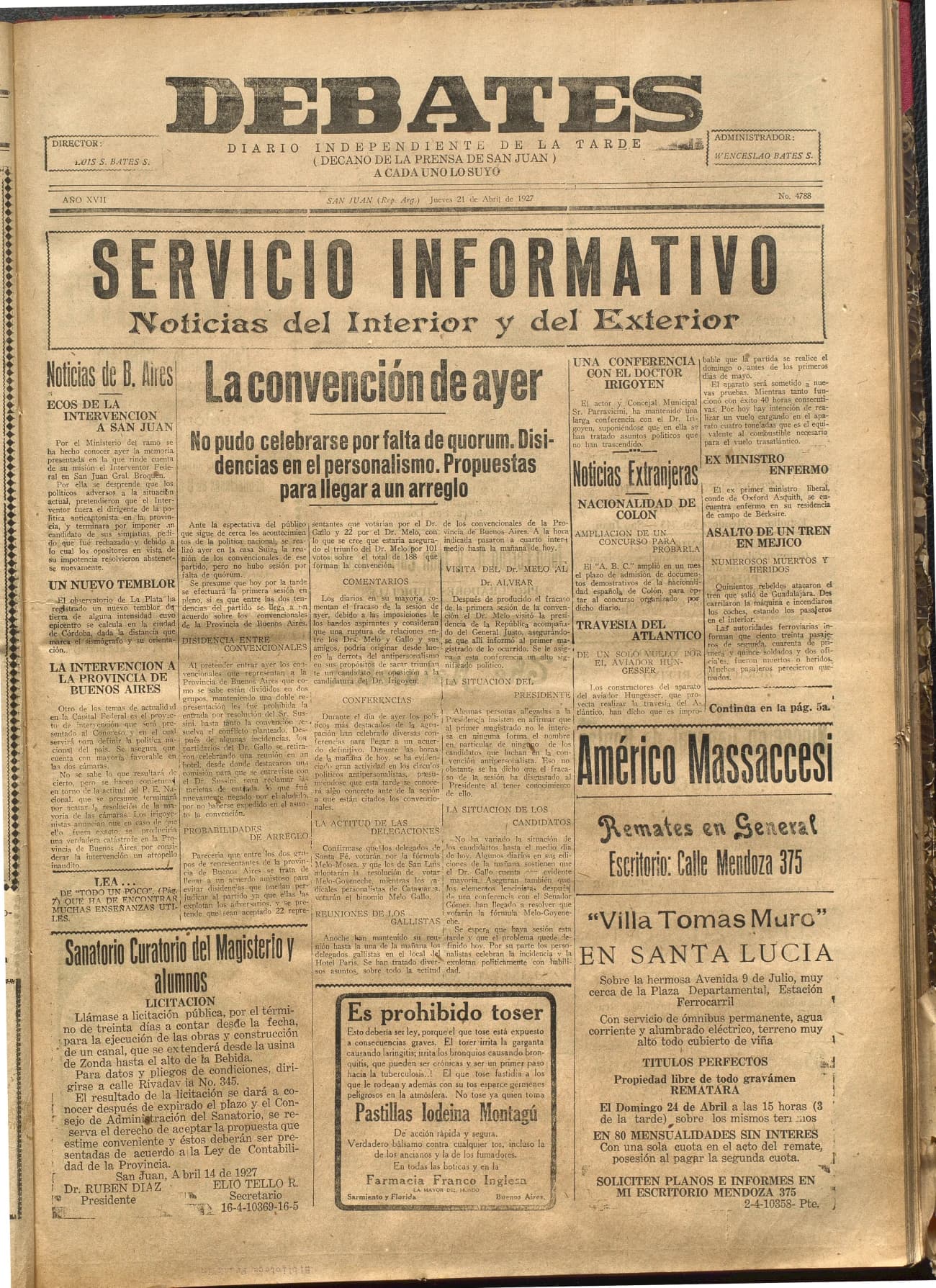 Portada · Diario Debates del 21 de abril de 1927