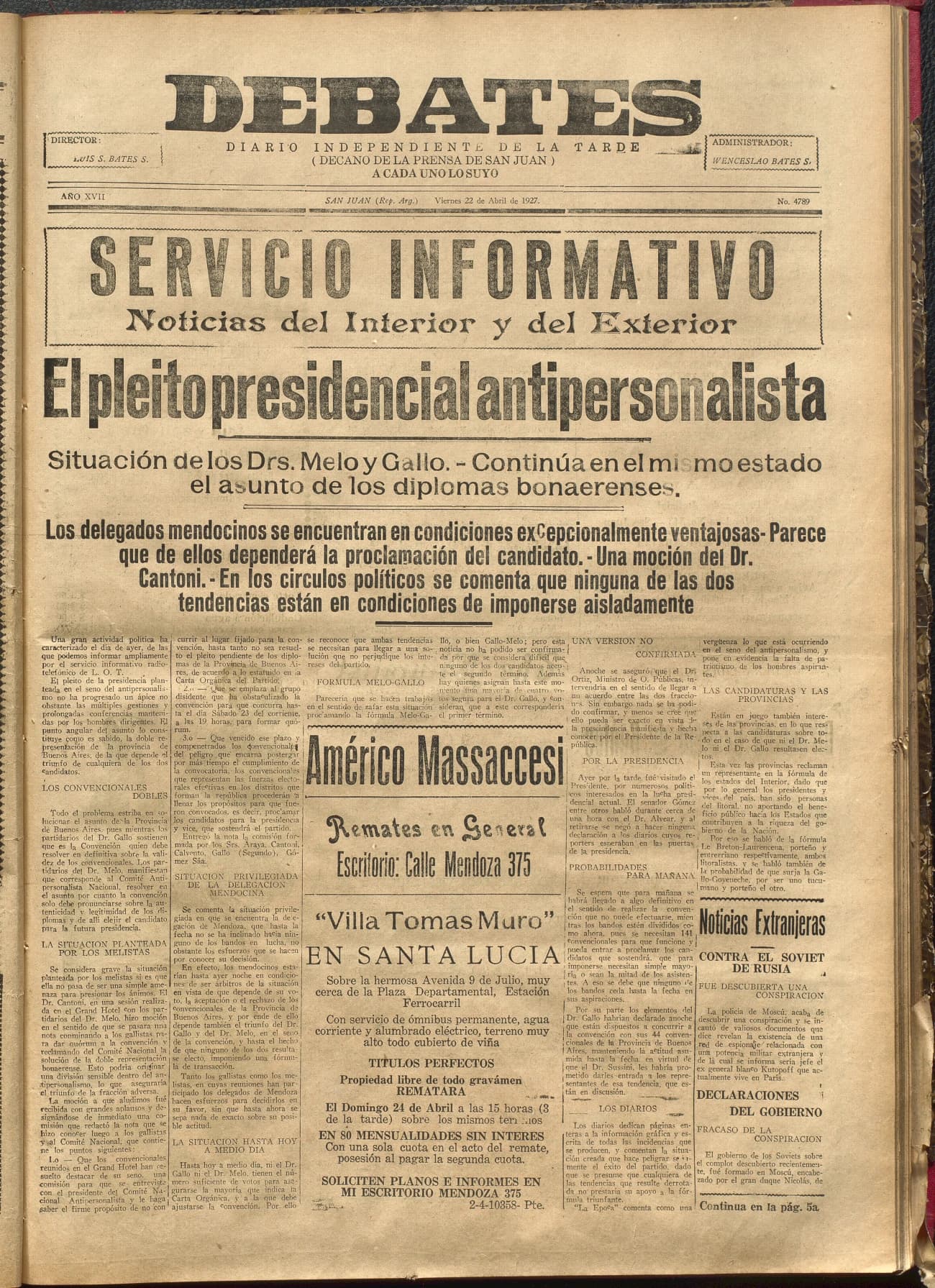 Portada · Diario Debates del 22 de abril de 1927