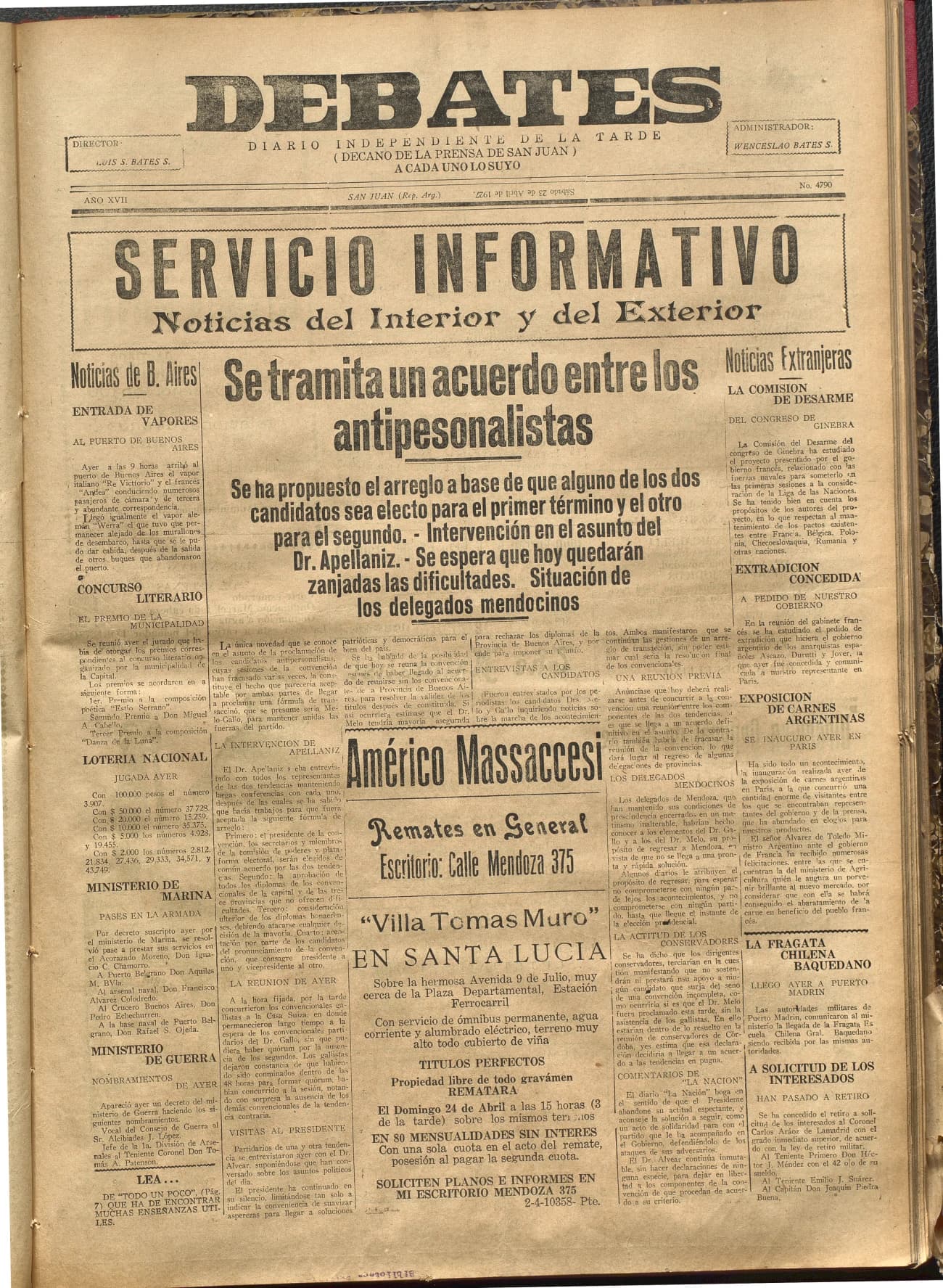 Portada · Diario Debates del 23 de abril de 1927