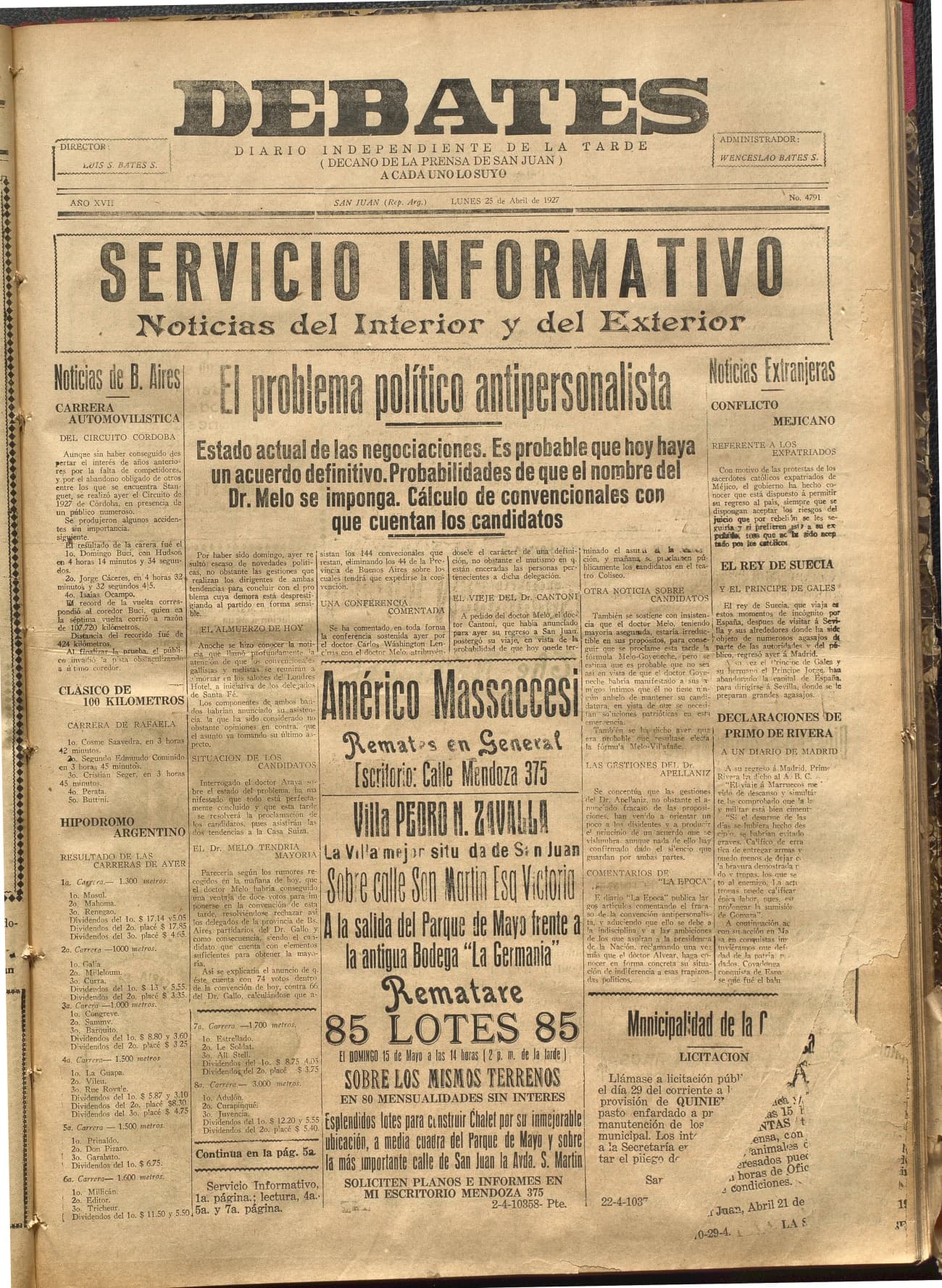 Portada · Diario Debates del 25 de abril de 1927