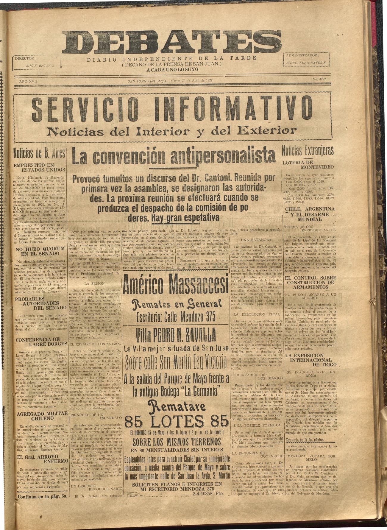 Portada · Diario Debates del 26 de abril de 1927