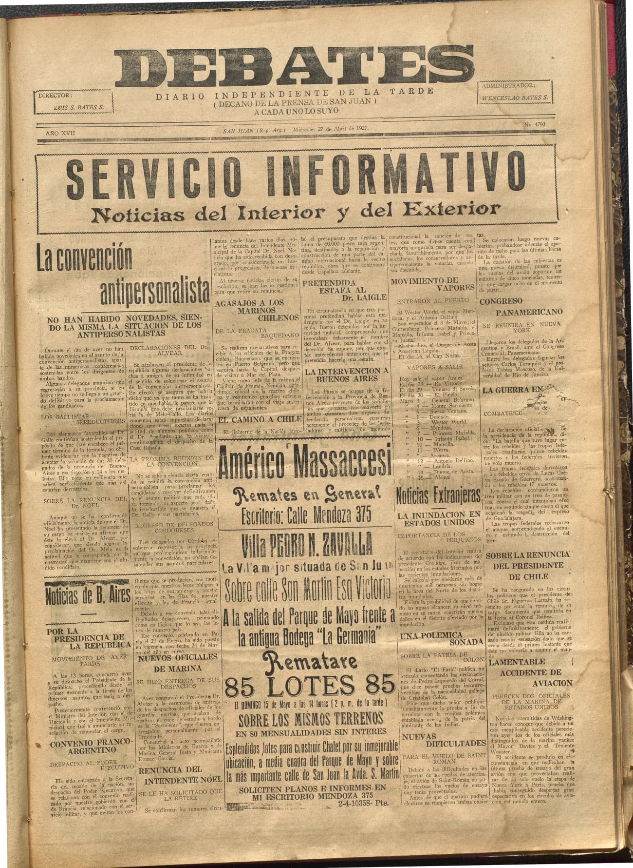 Portada · Diario Debates del 27 de abril de 1927