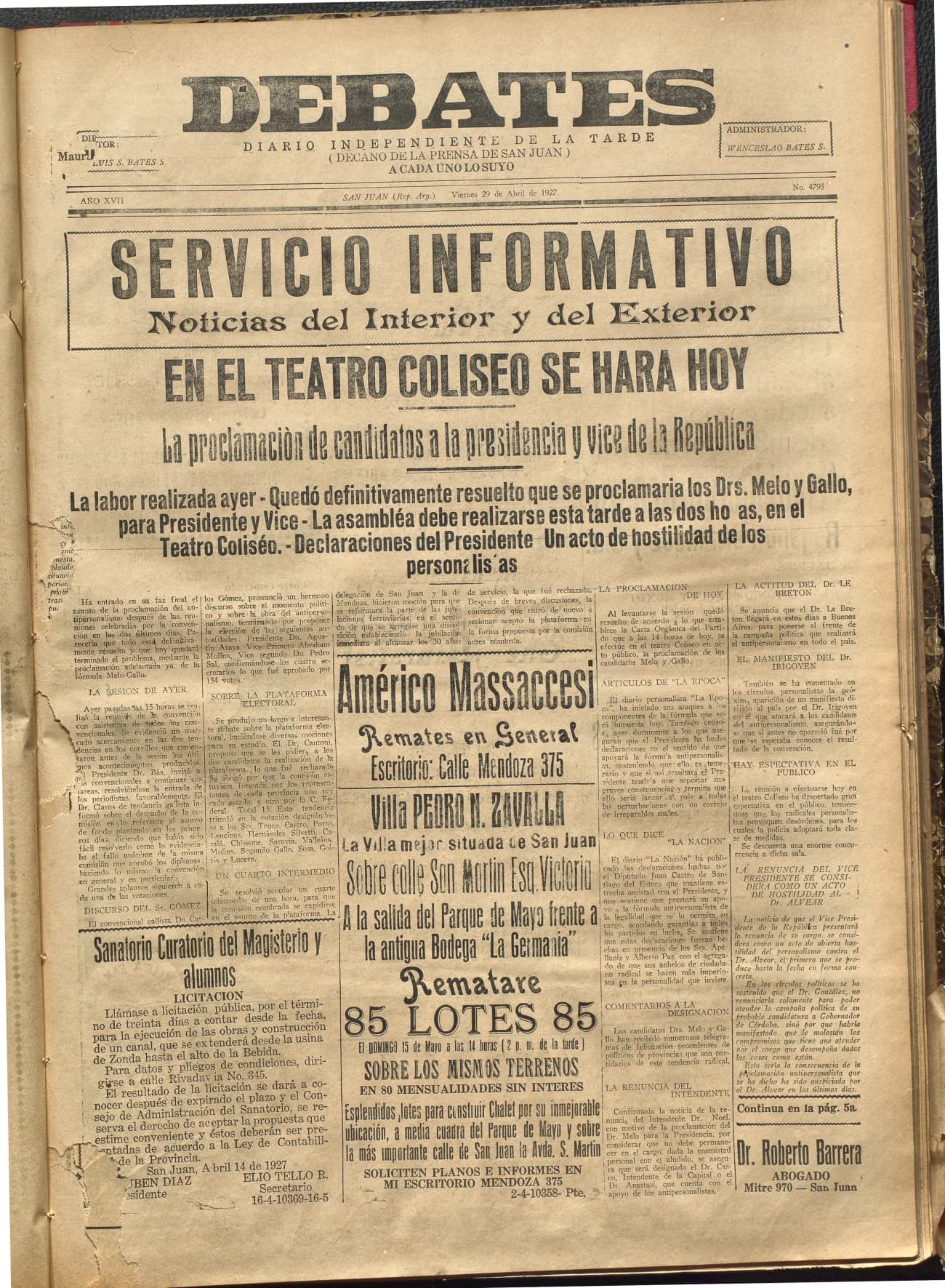 Portada · Diario Debates del 29 de abril de 1927