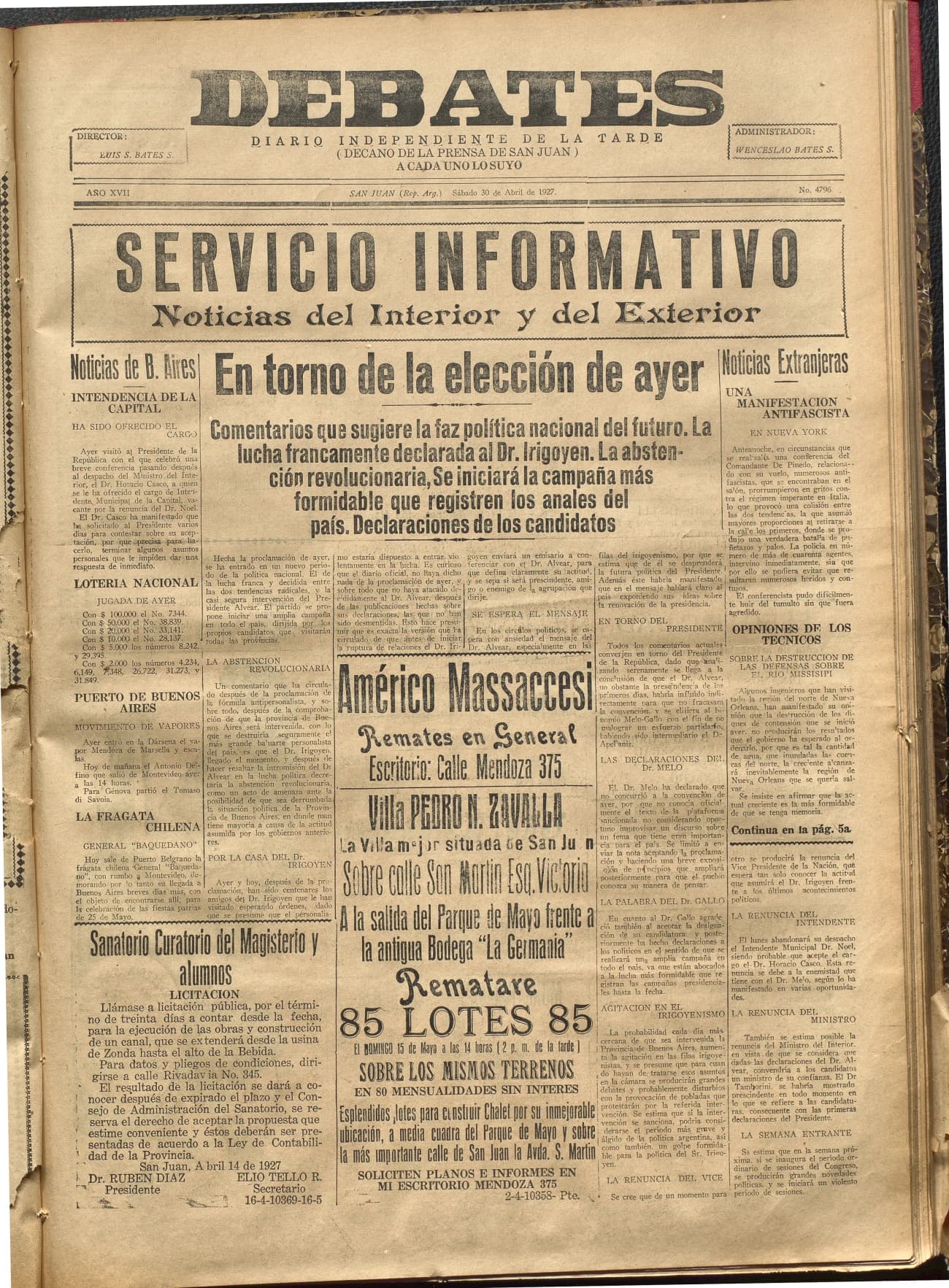 Portada · Diario Debates del 30 de abril de 1927