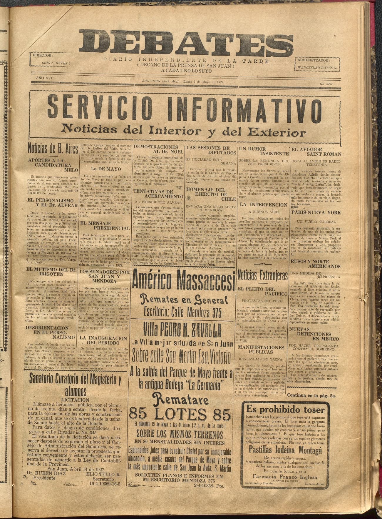 Portada · Diario Debates del 2 de mayo de 1927