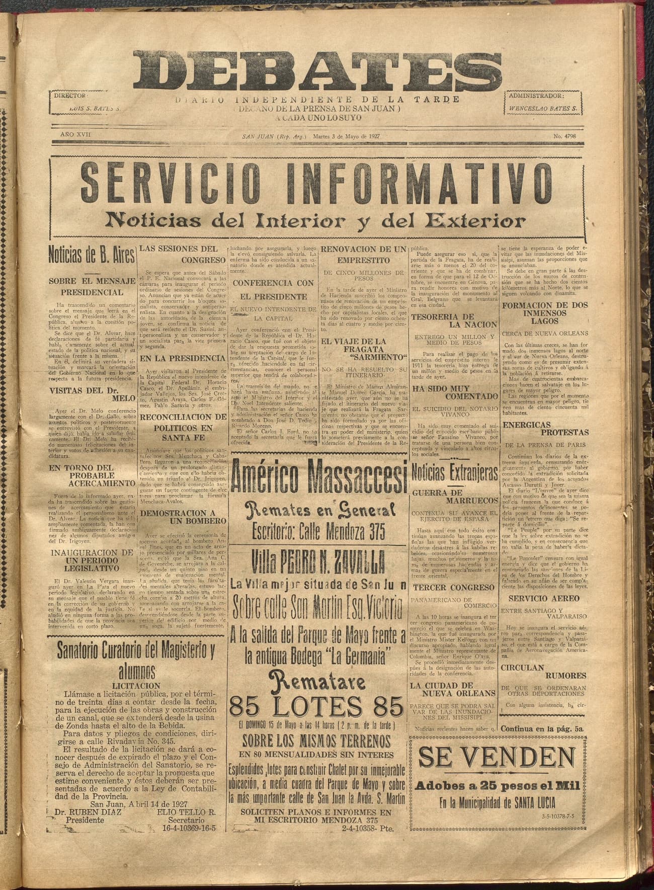 Portada · Diario Debates del 3 de mayo de 1927