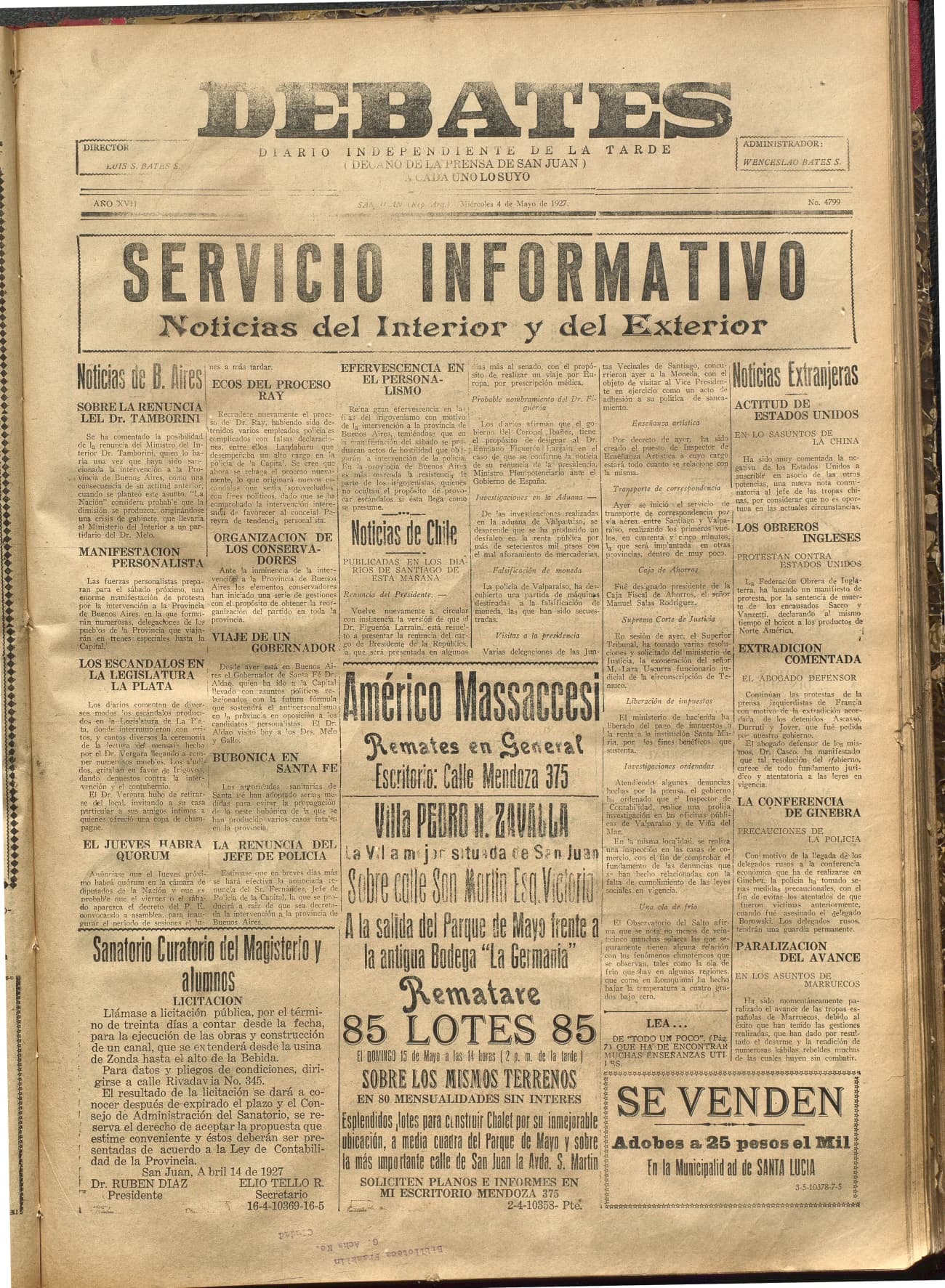 Portada · Diario Debates del 4 de mayo de 1927