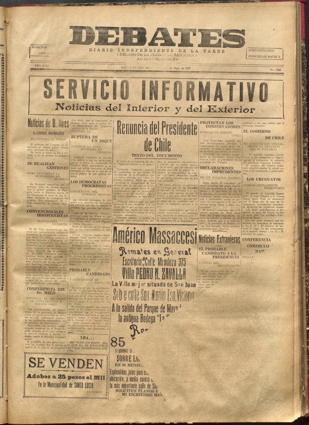 Portada · Diario Debates del 5 de mayo de 1927