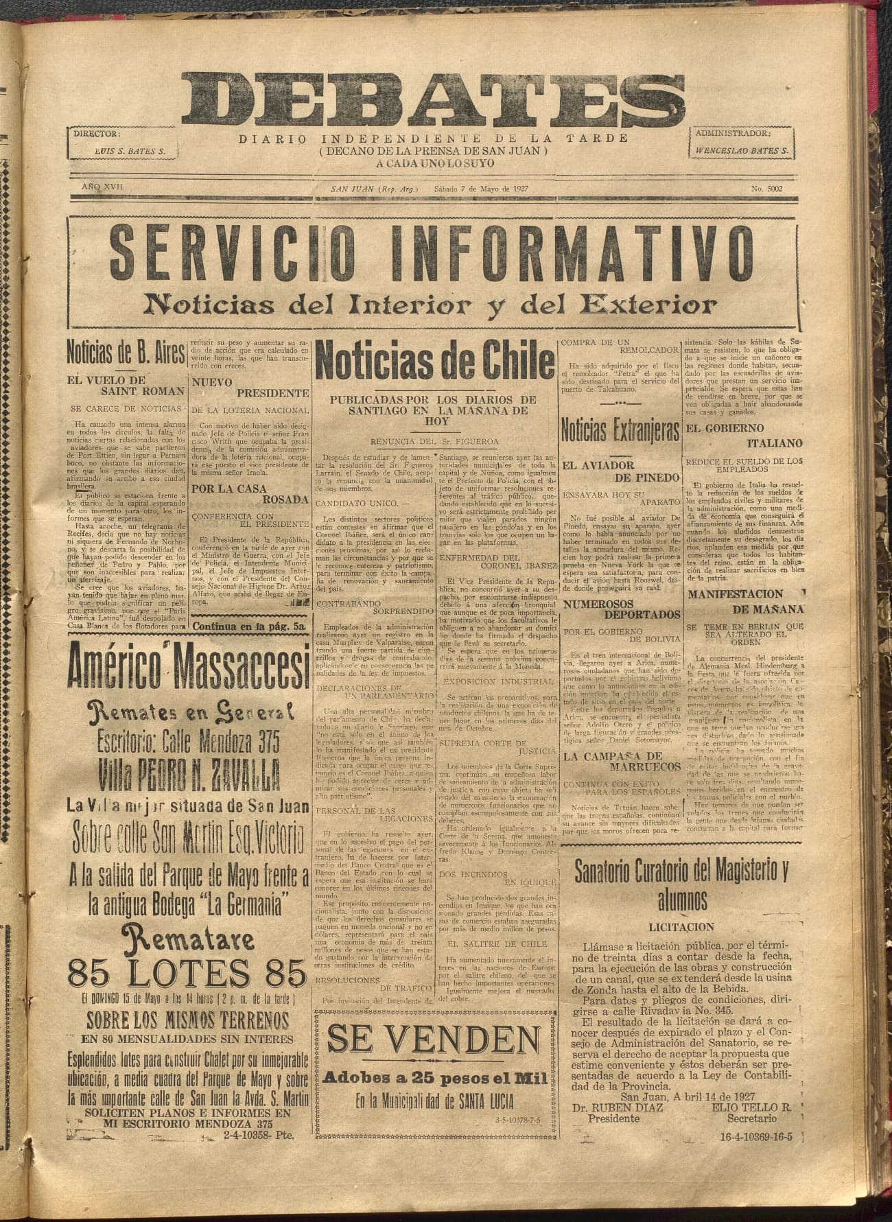 Portada · Diario Debates del 7 de mayo de 1927