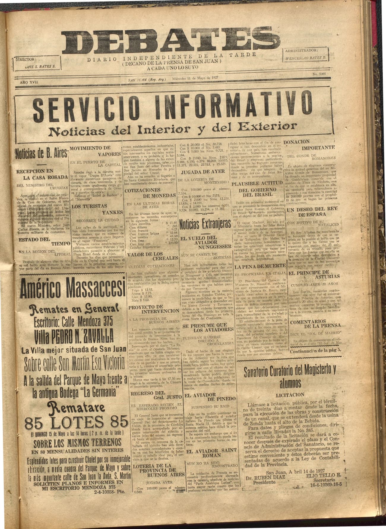 Portada · Diario Debates del 11 de mayo de 1927