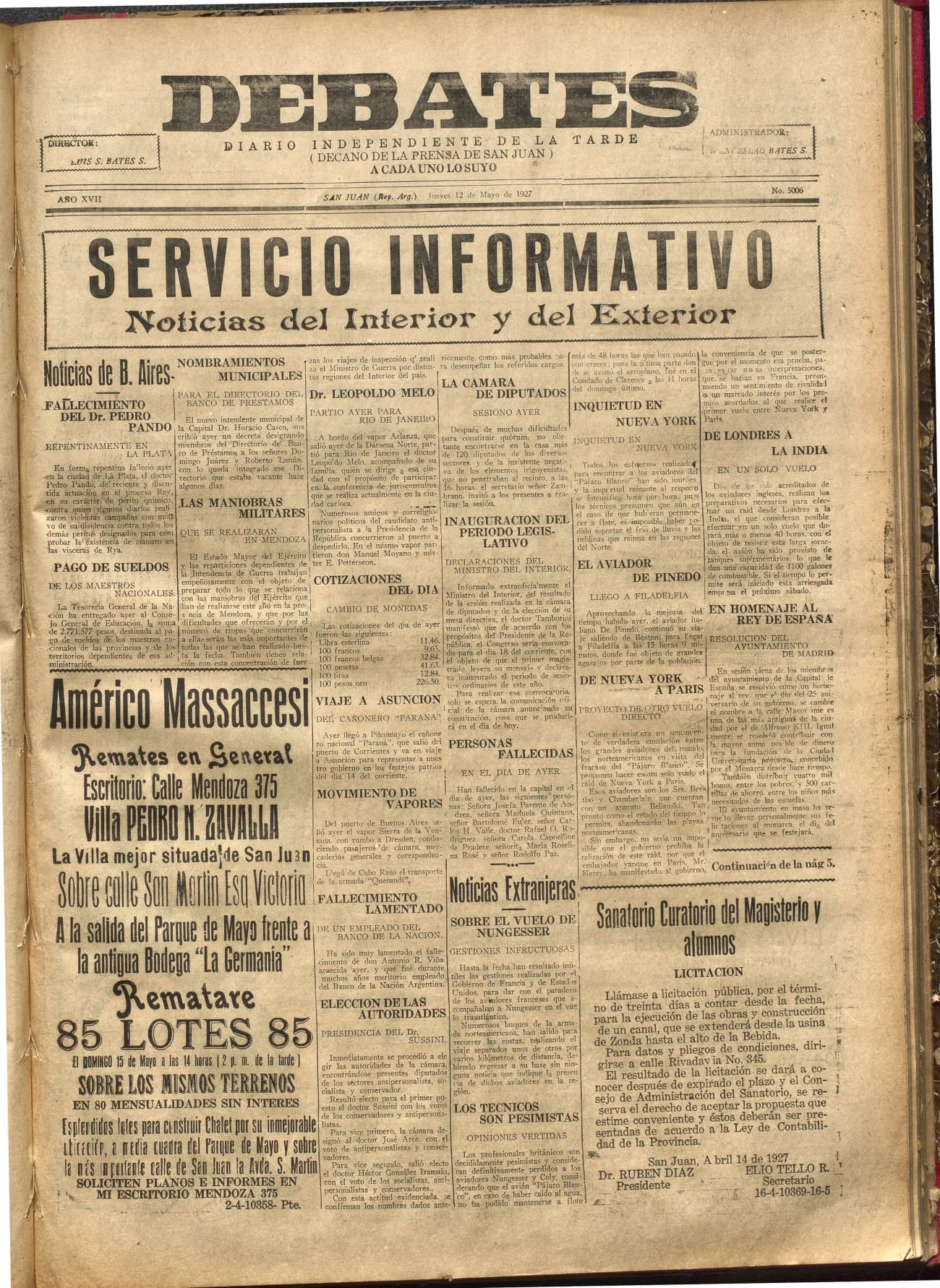 Portada · Diario Debates del 12 de mayo de 1927