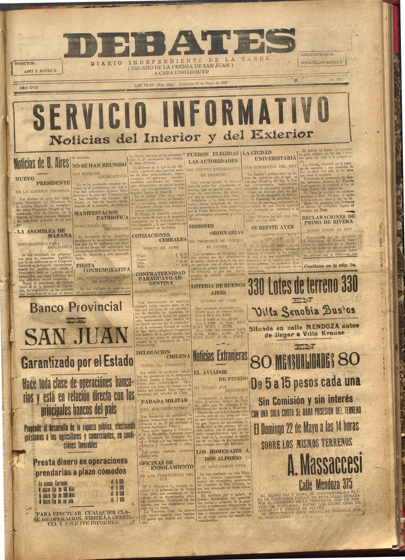 Portada · Diario Debates del 18 de mayo de 1927