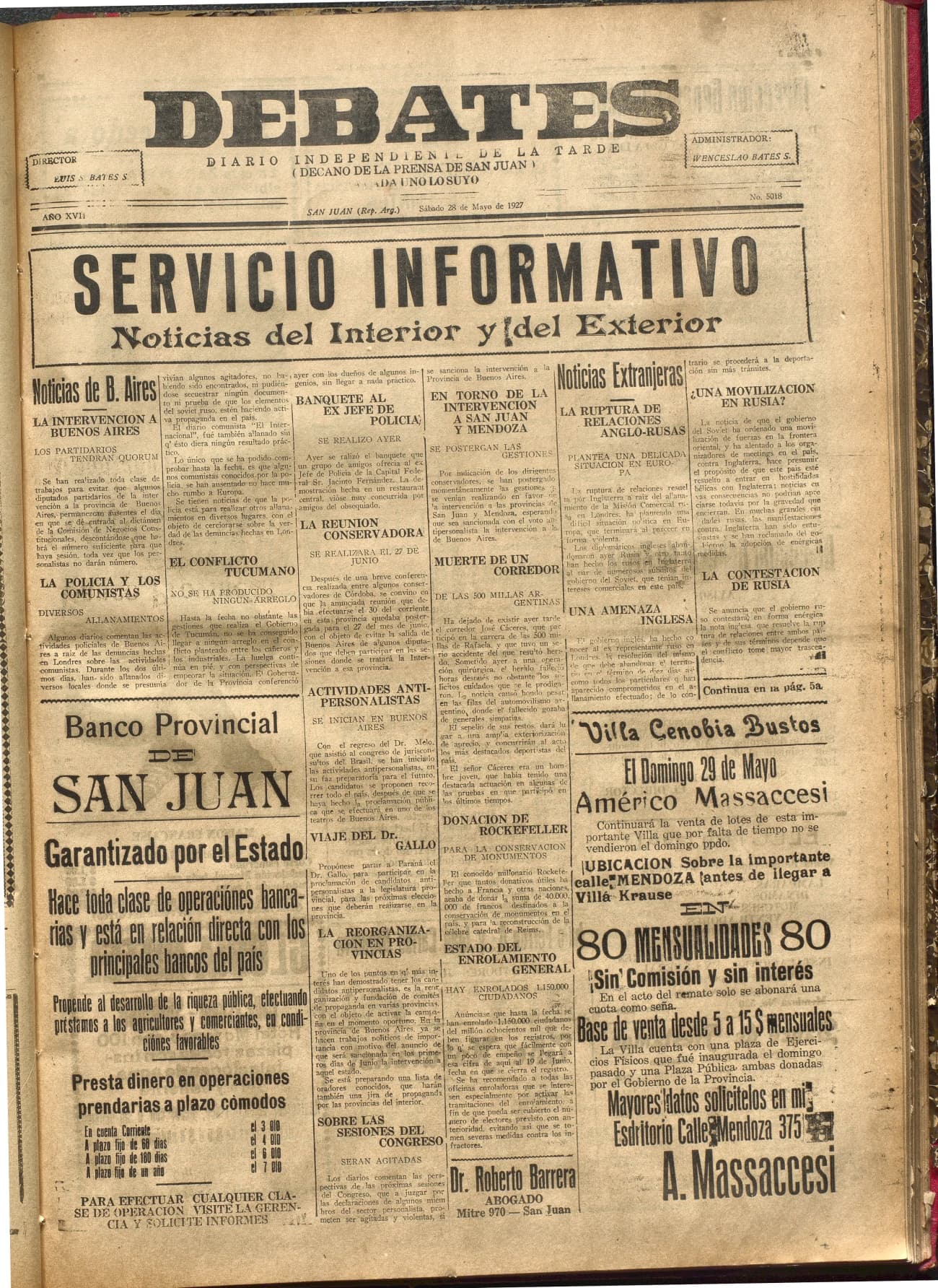 Portada · Diario Debates del 28 de mayo de 1927