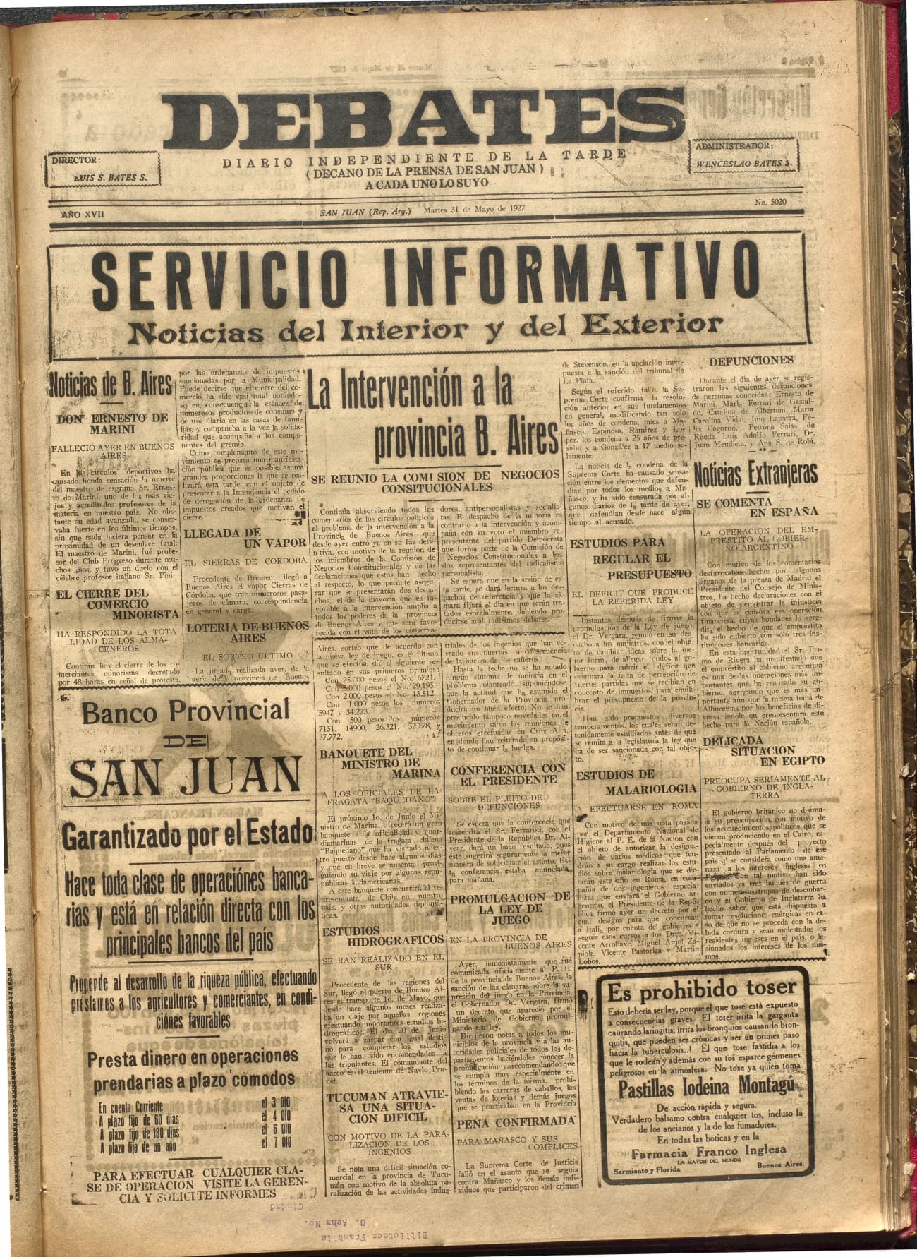 Portada · Diario Debates del 31 de mayo de 1927