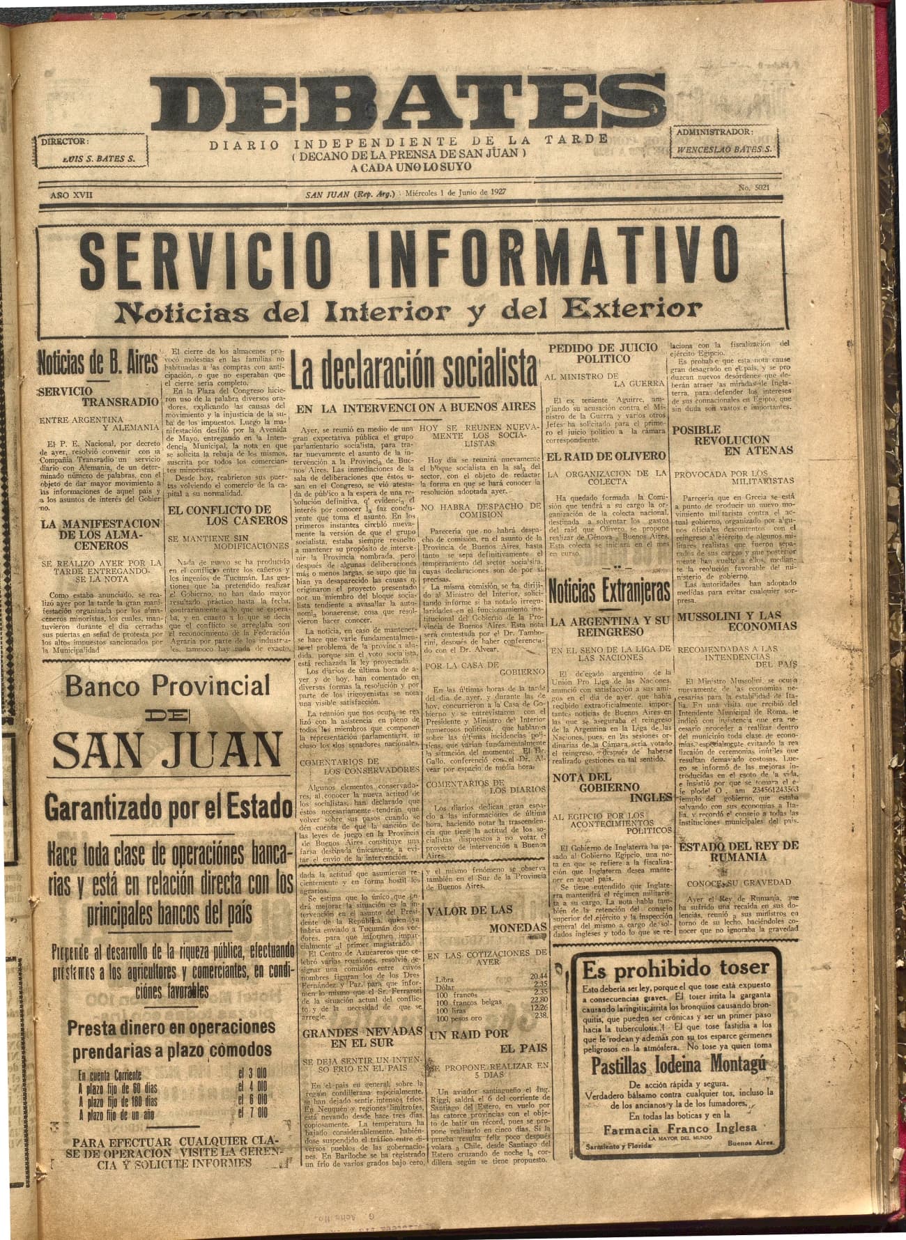 Portada · Diario Debates del 1 de junio de 1927