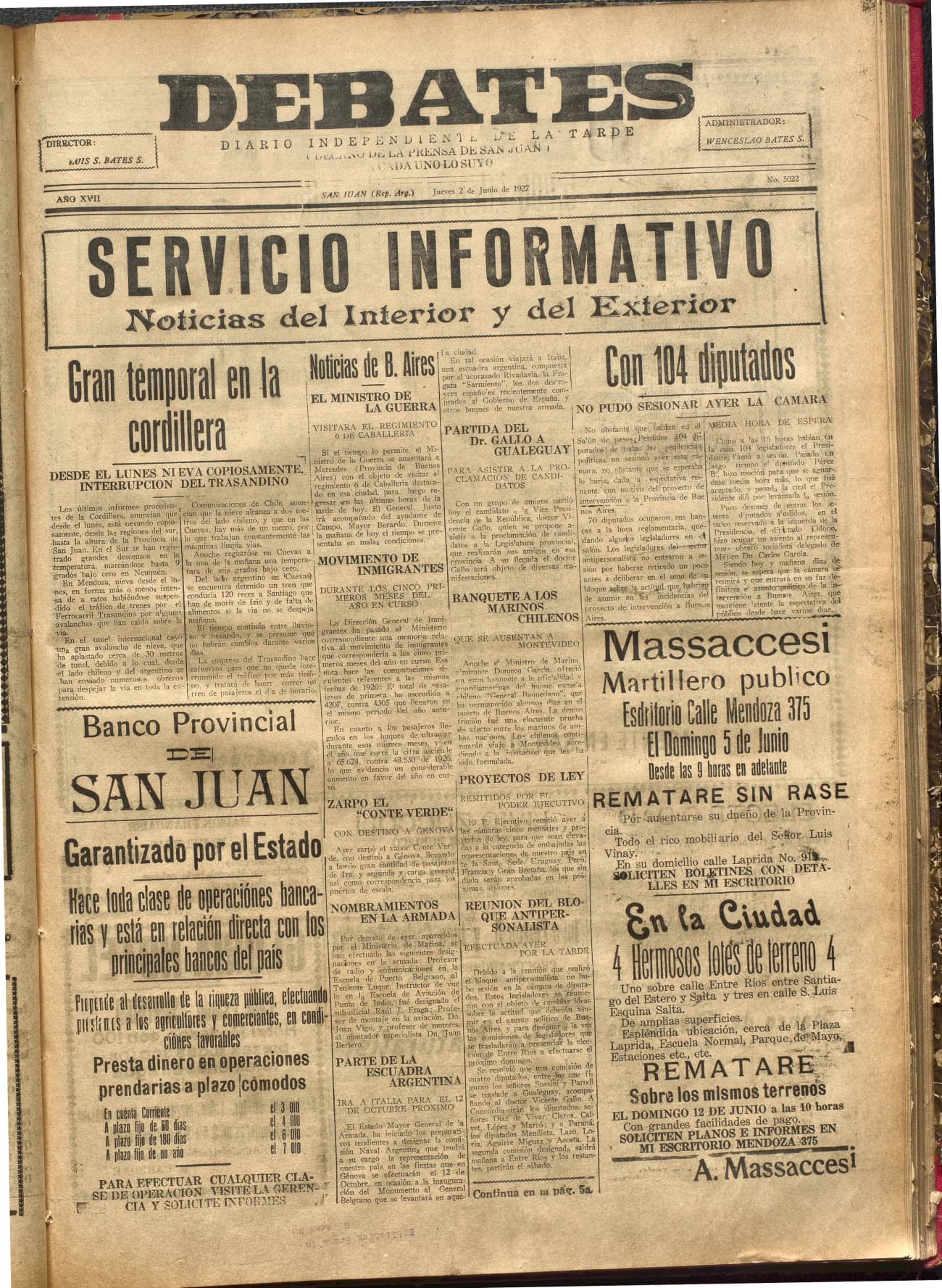 Portada · Diario Debates del 2 de junio de 1927