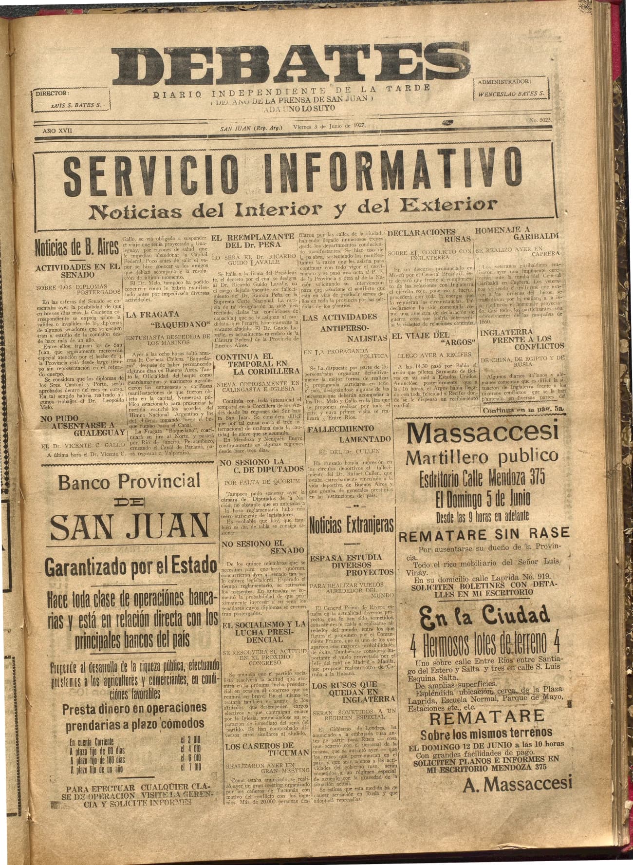 Portada · Diario Debates del 3 de junio de 1927