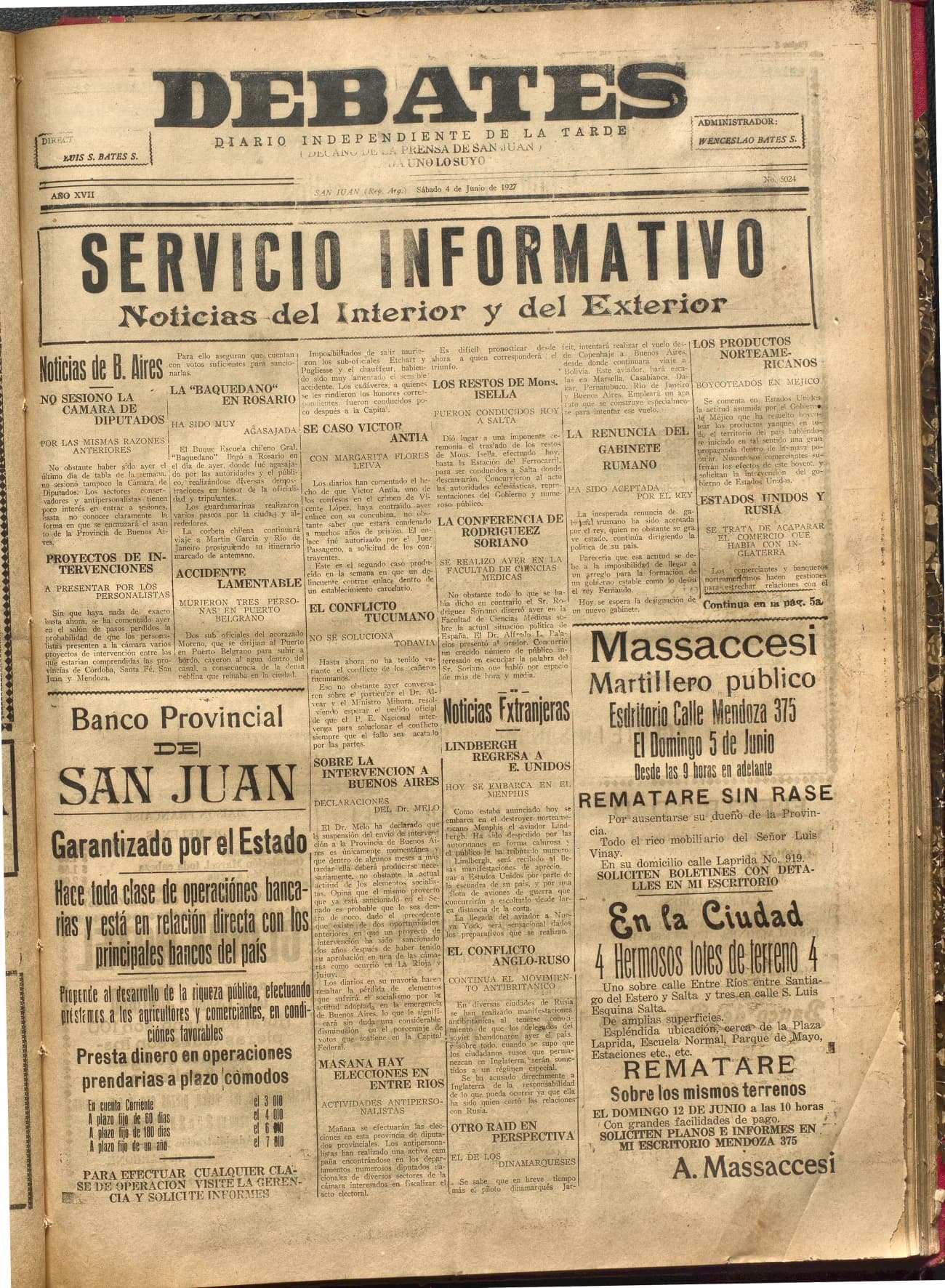 Portada · Diario Debates del 4 de junio de 1927