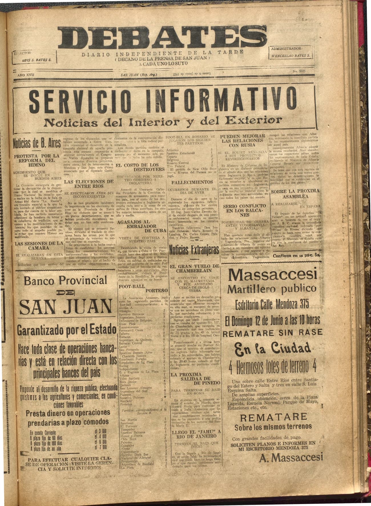 Portada · Diario Debates del 6 de junio de 1927