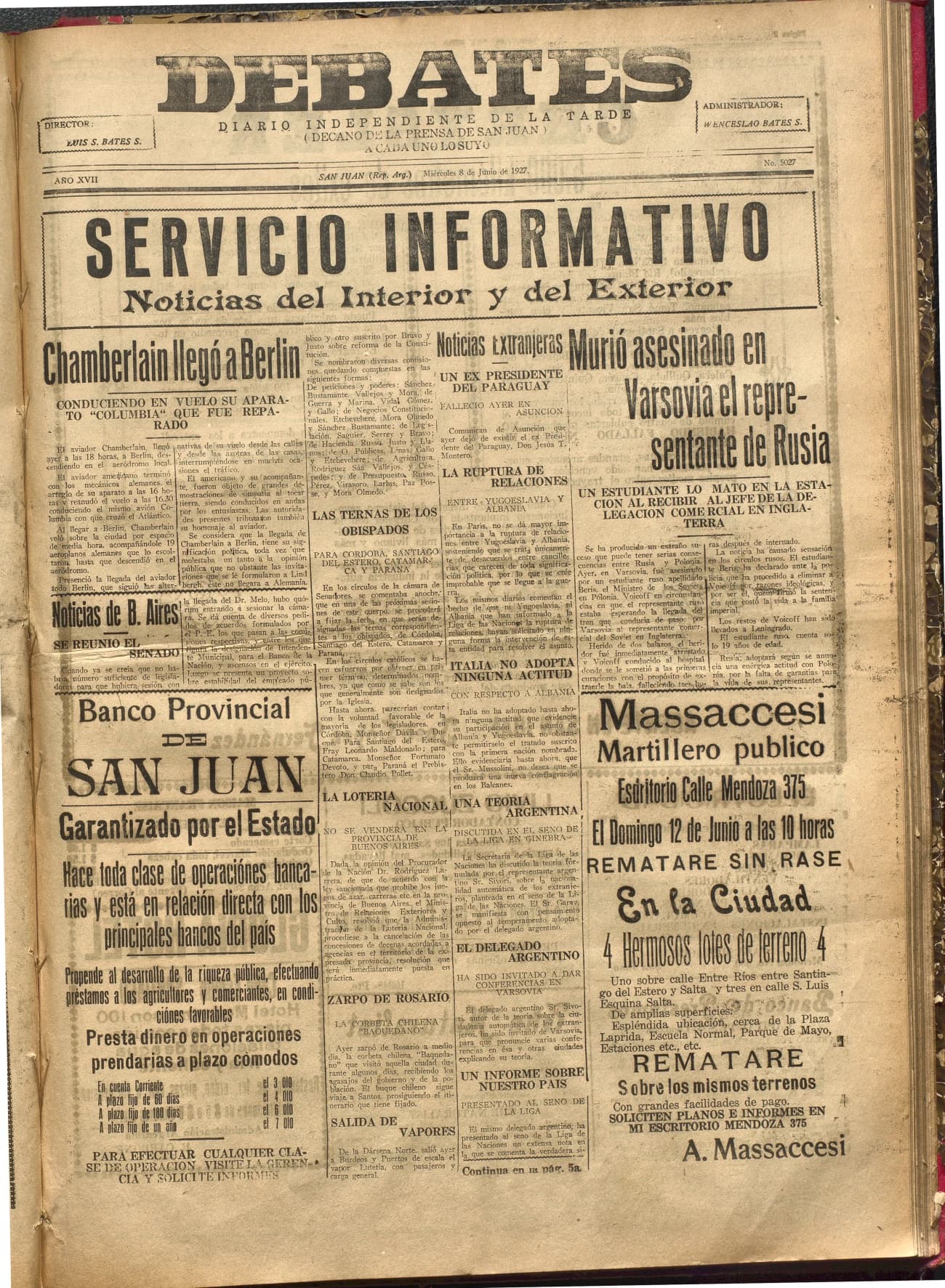 Portada · Diario Debates del 8 de junio de 1927