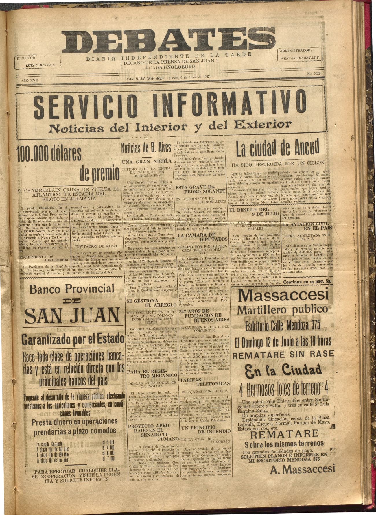 Portada · Diario Debates del 9 de junio de 1927