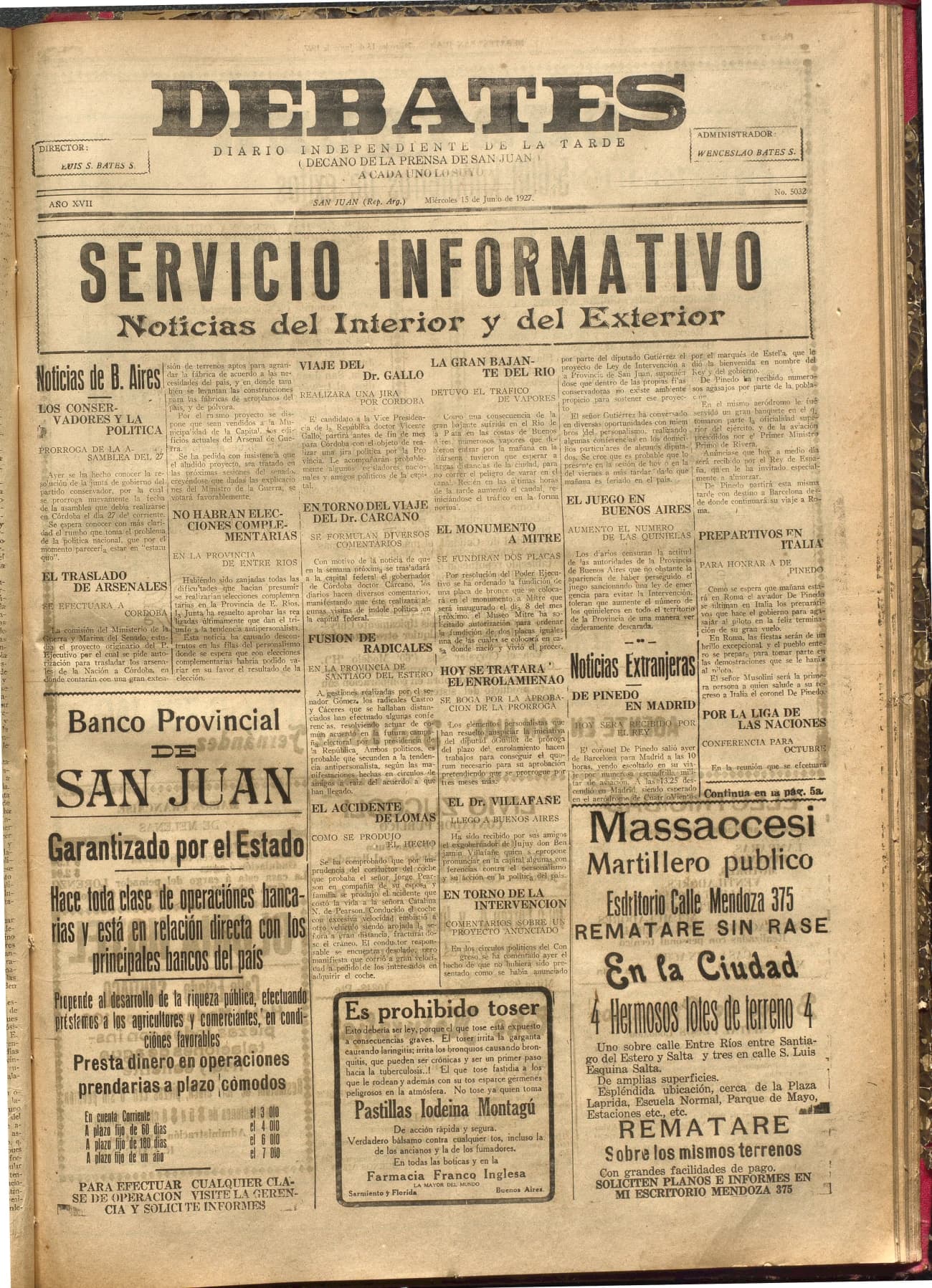 Portada · Diario Debates del 15 de junio de 1927
