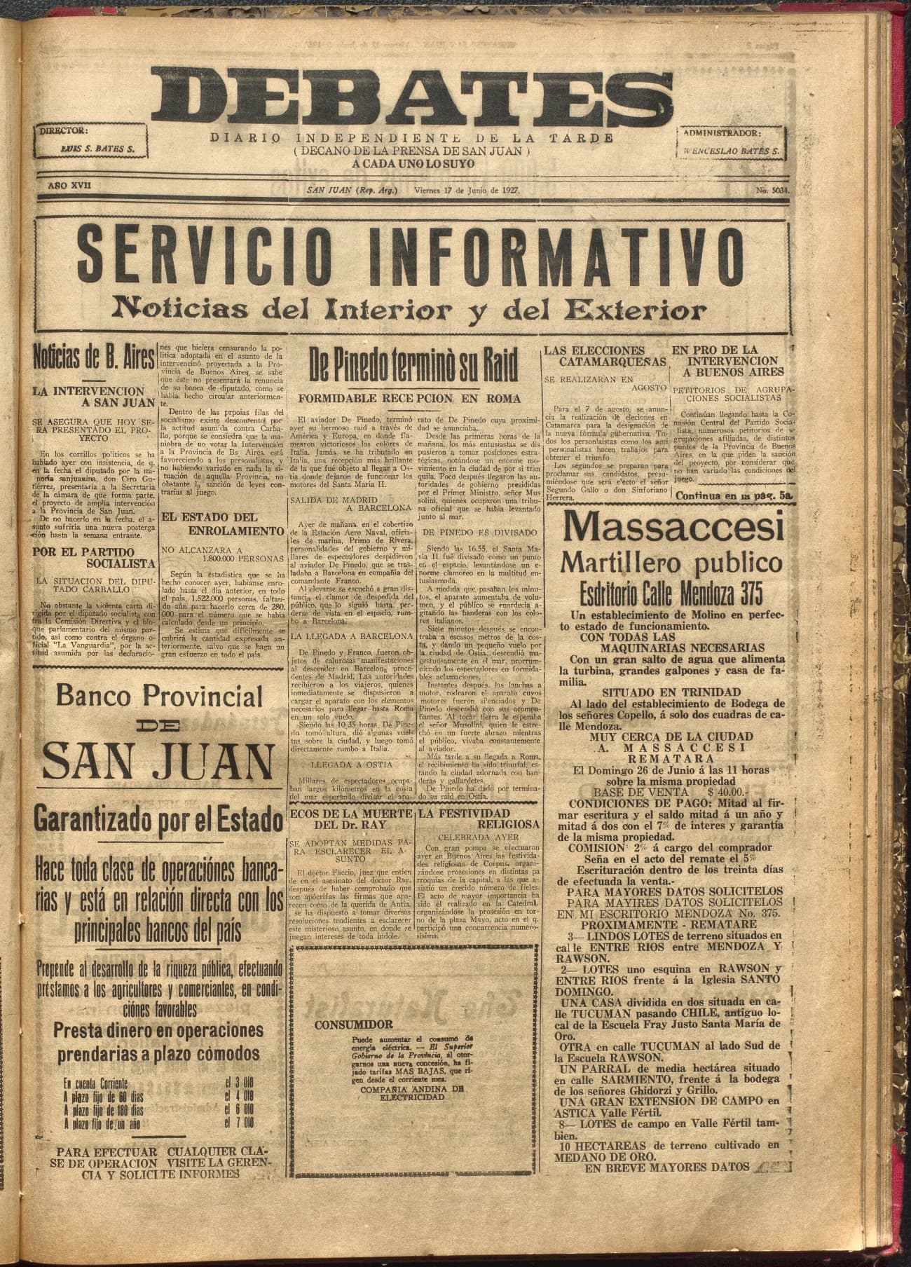 Portada · Diario Debates del 17 de junio de 1927