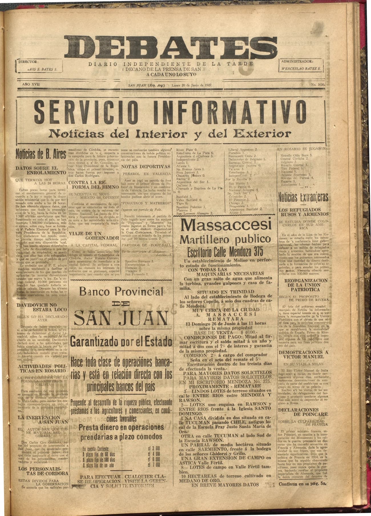 Portada · Diario Debates del 20 de junio de 1927