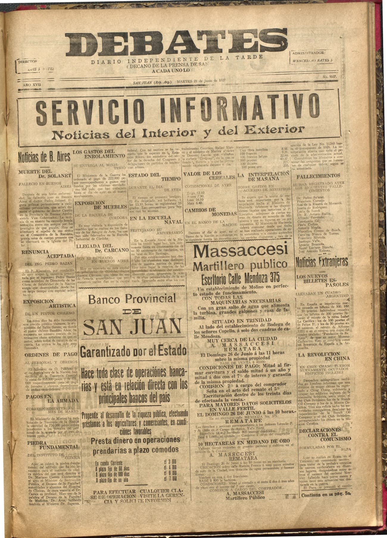 Portada · Diario Debates del 21 de junio de 1927