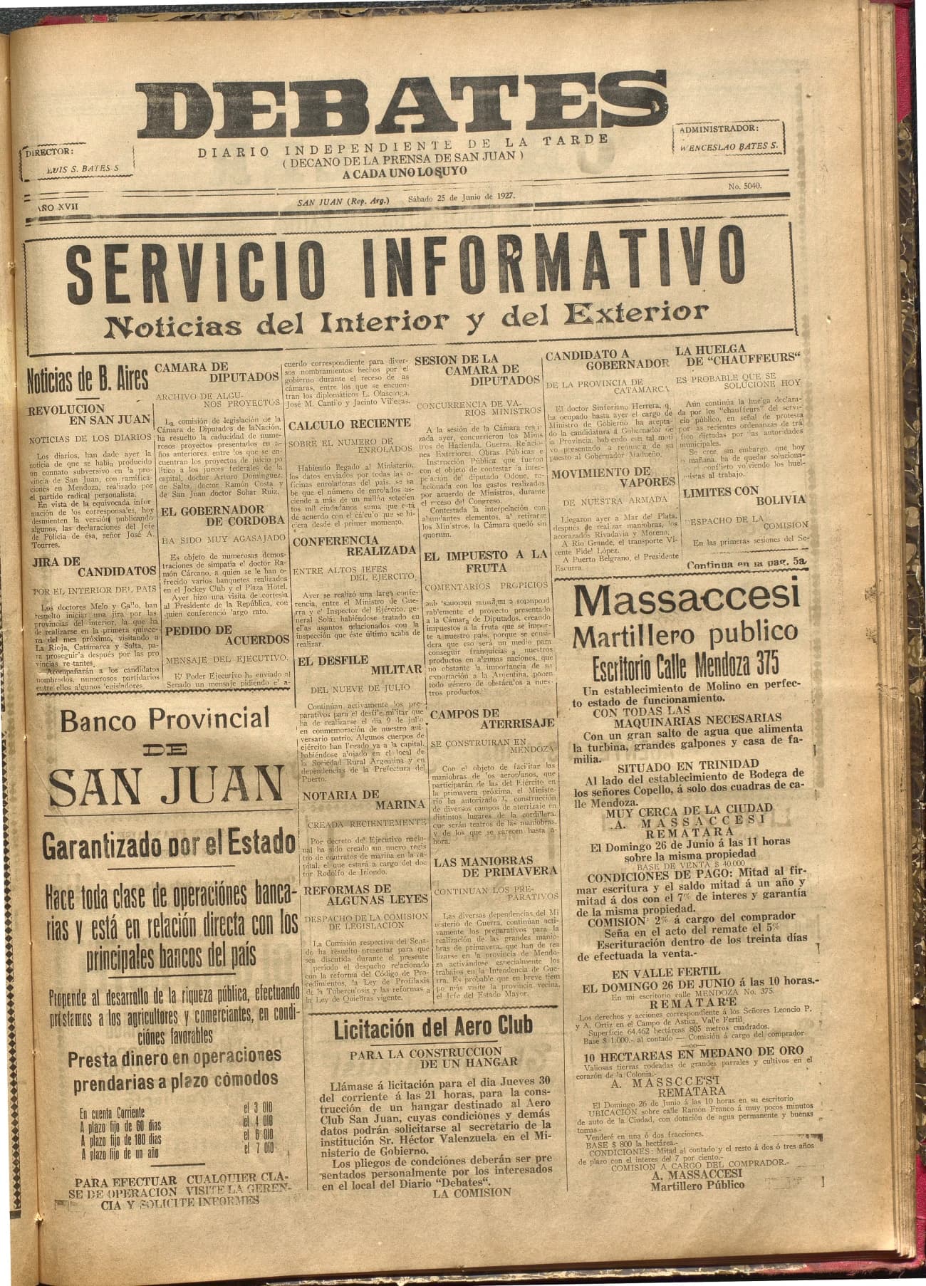 Portada · Diario Debates del 25 de junio de 1927
