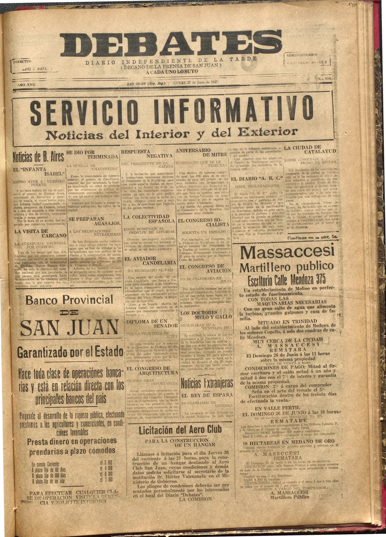 Portada · Diario Debates del 27 de junio de 1927
