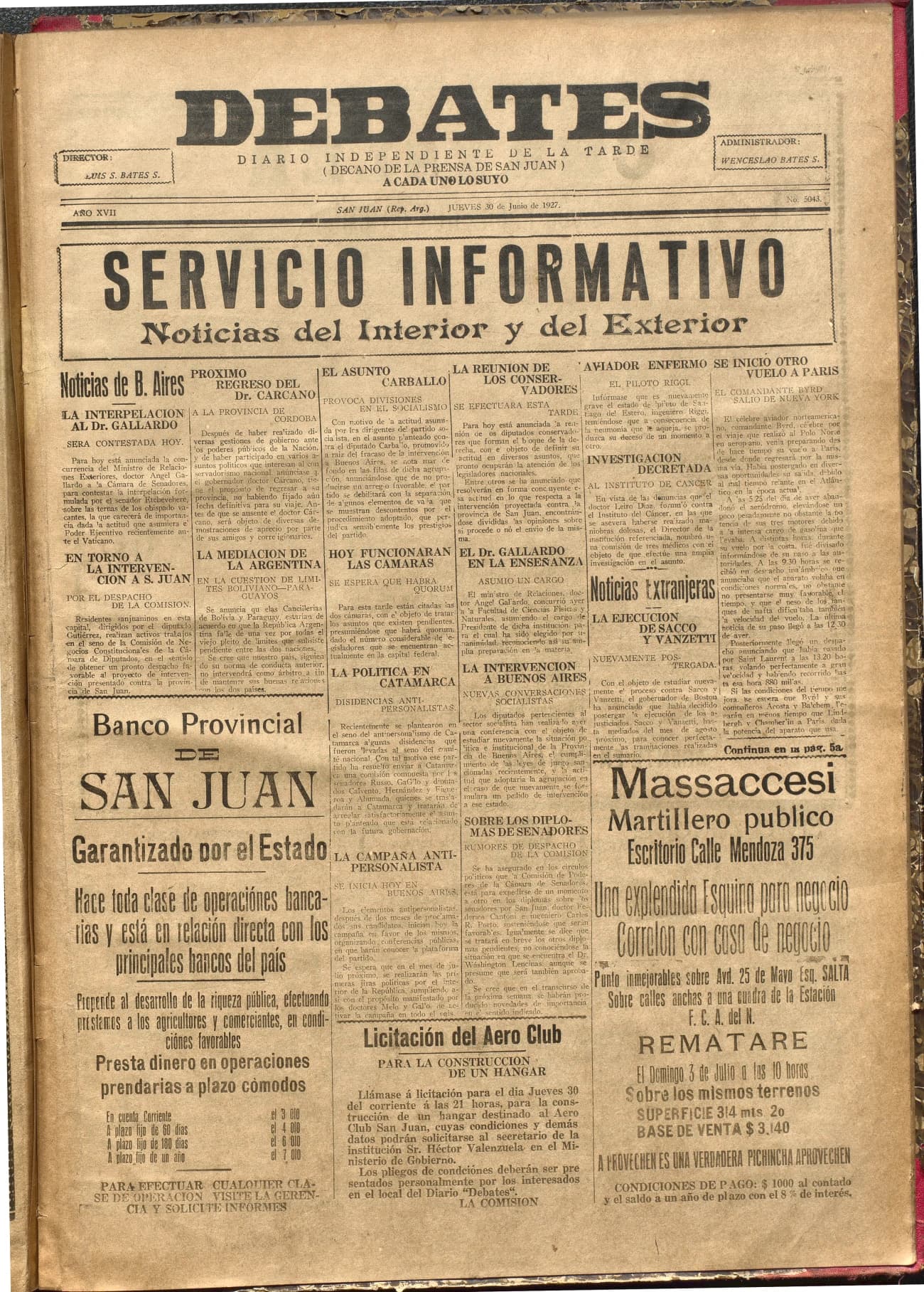 Portada · Diario Debates del 30 de junio de 1927