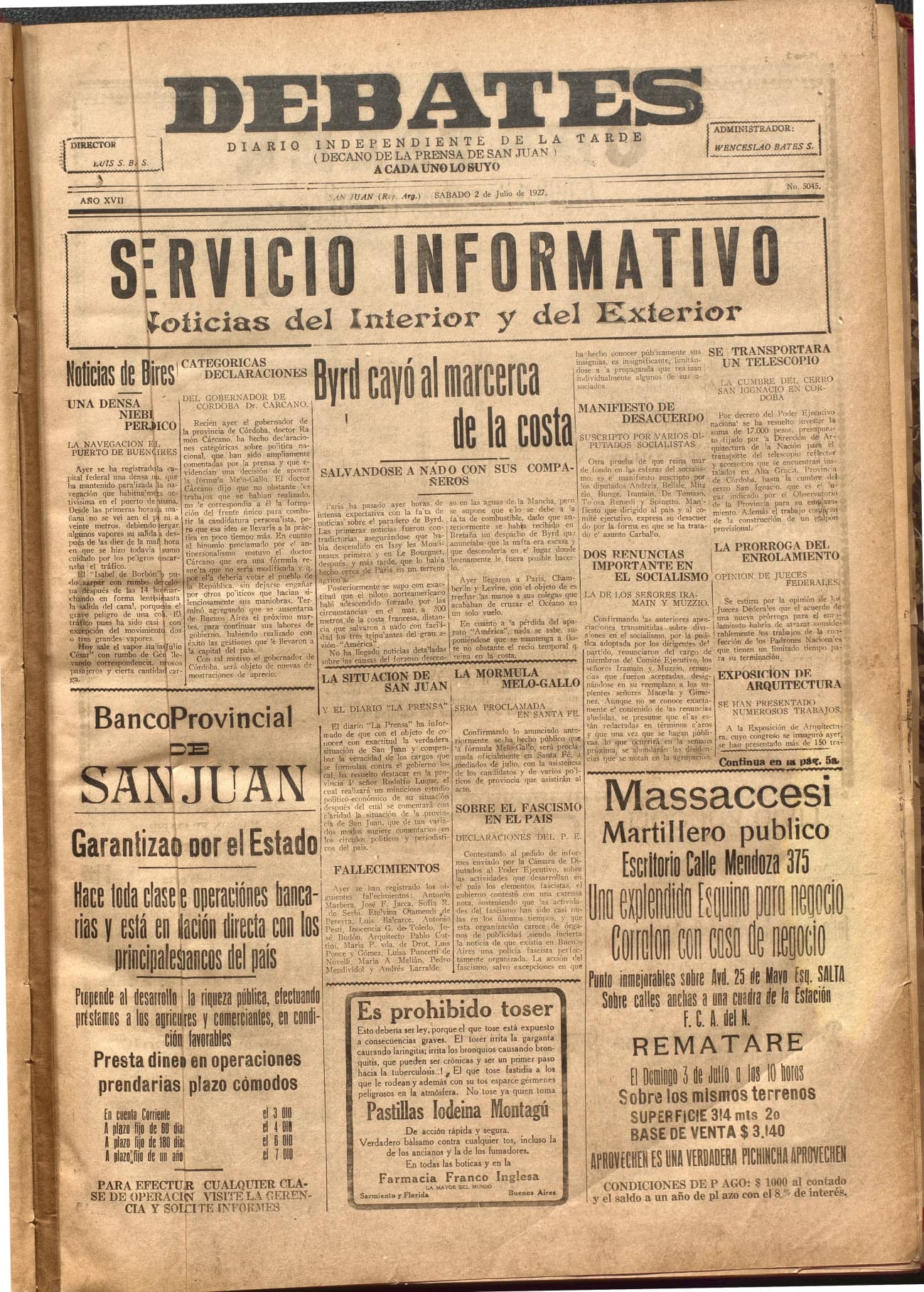 Portada · Diario Debates del 2 de julio de 1927