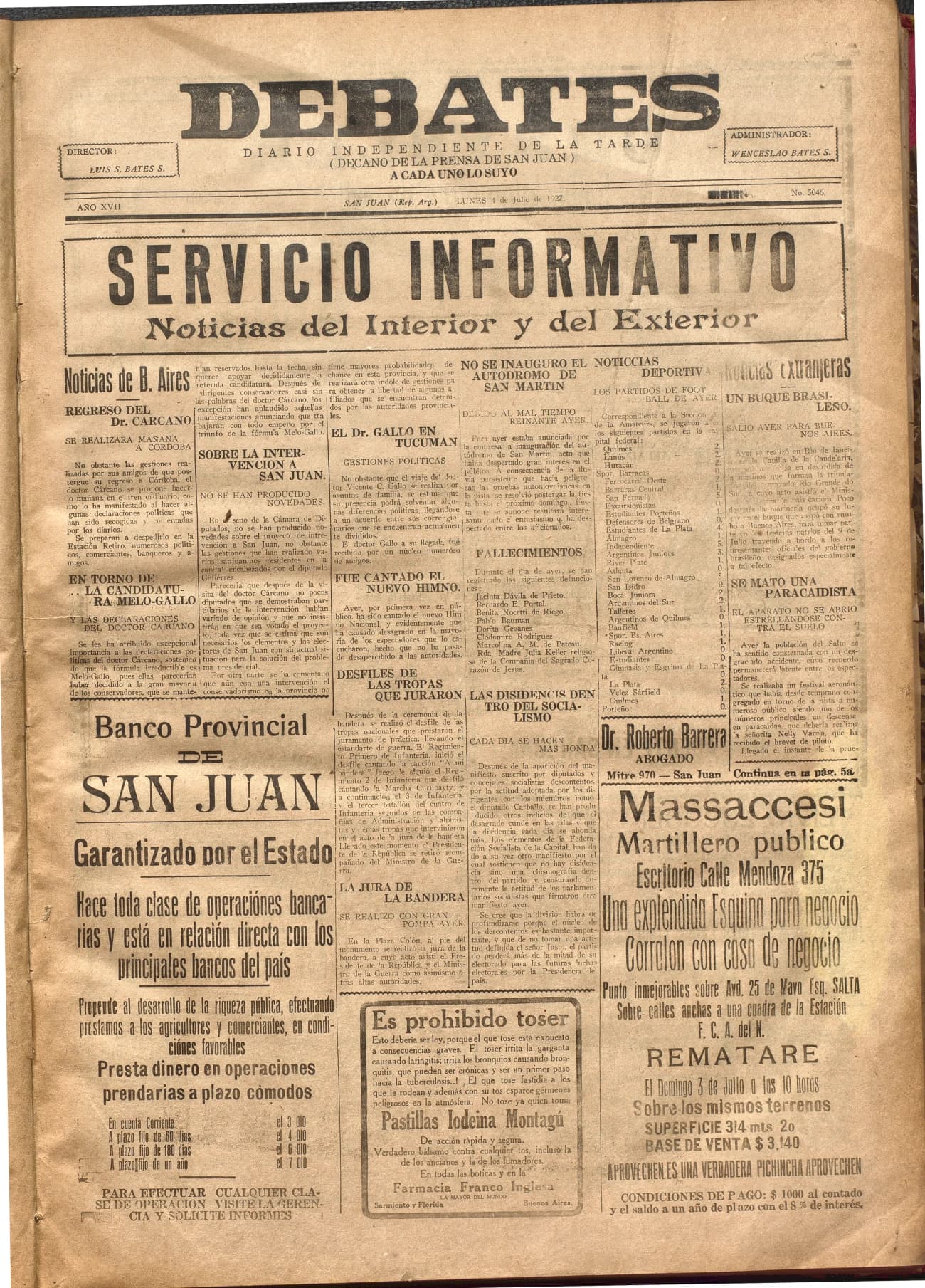 Portada · Diario Debates del 4 de julio de 1927