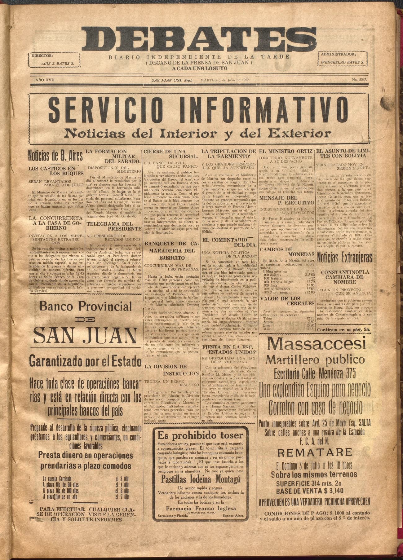 Portada · Diario Debates del 5 de julio de 1927
