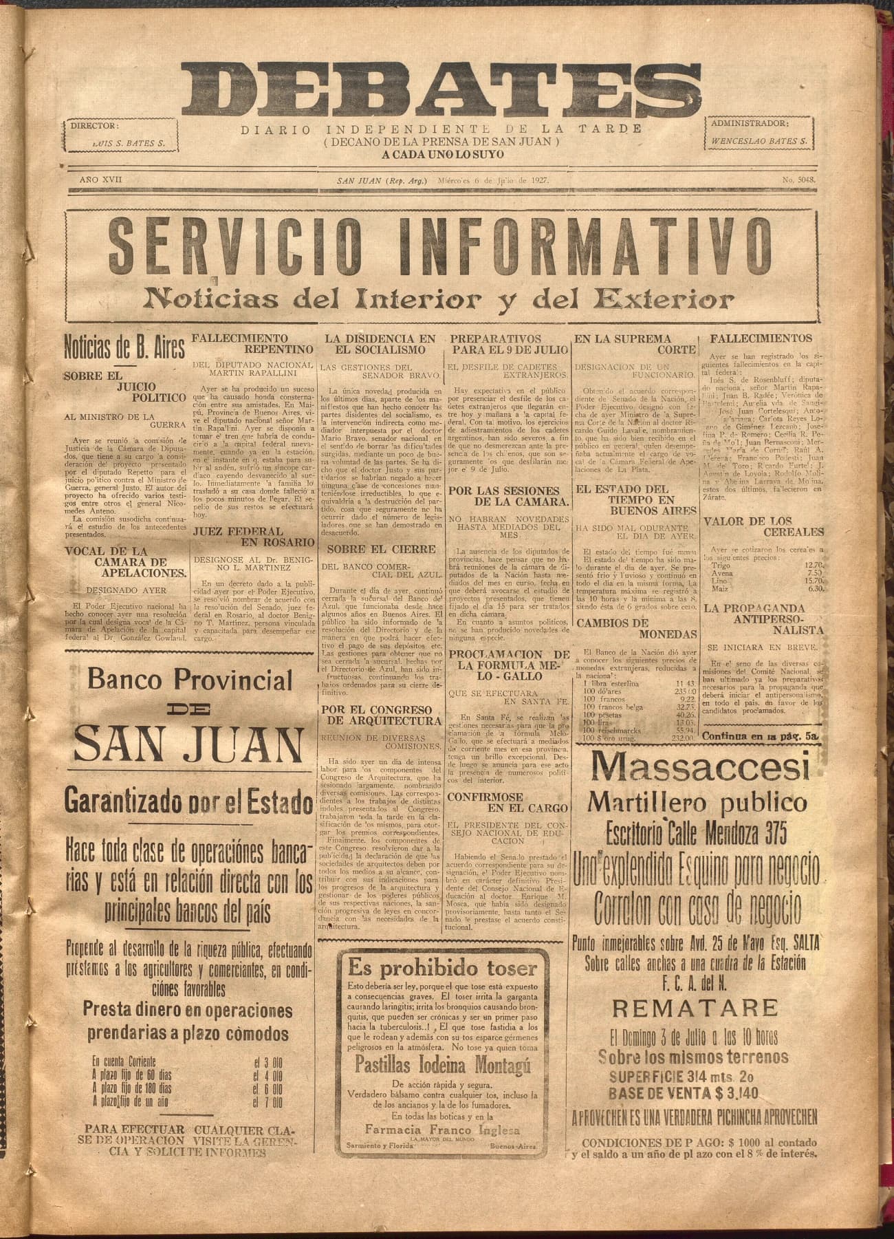 Portada · Diario Debates del 6 de julio de 1927