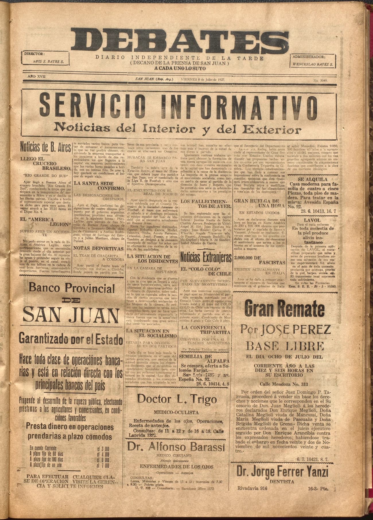 Portada · Diario Debates del 8 de julio de 1927