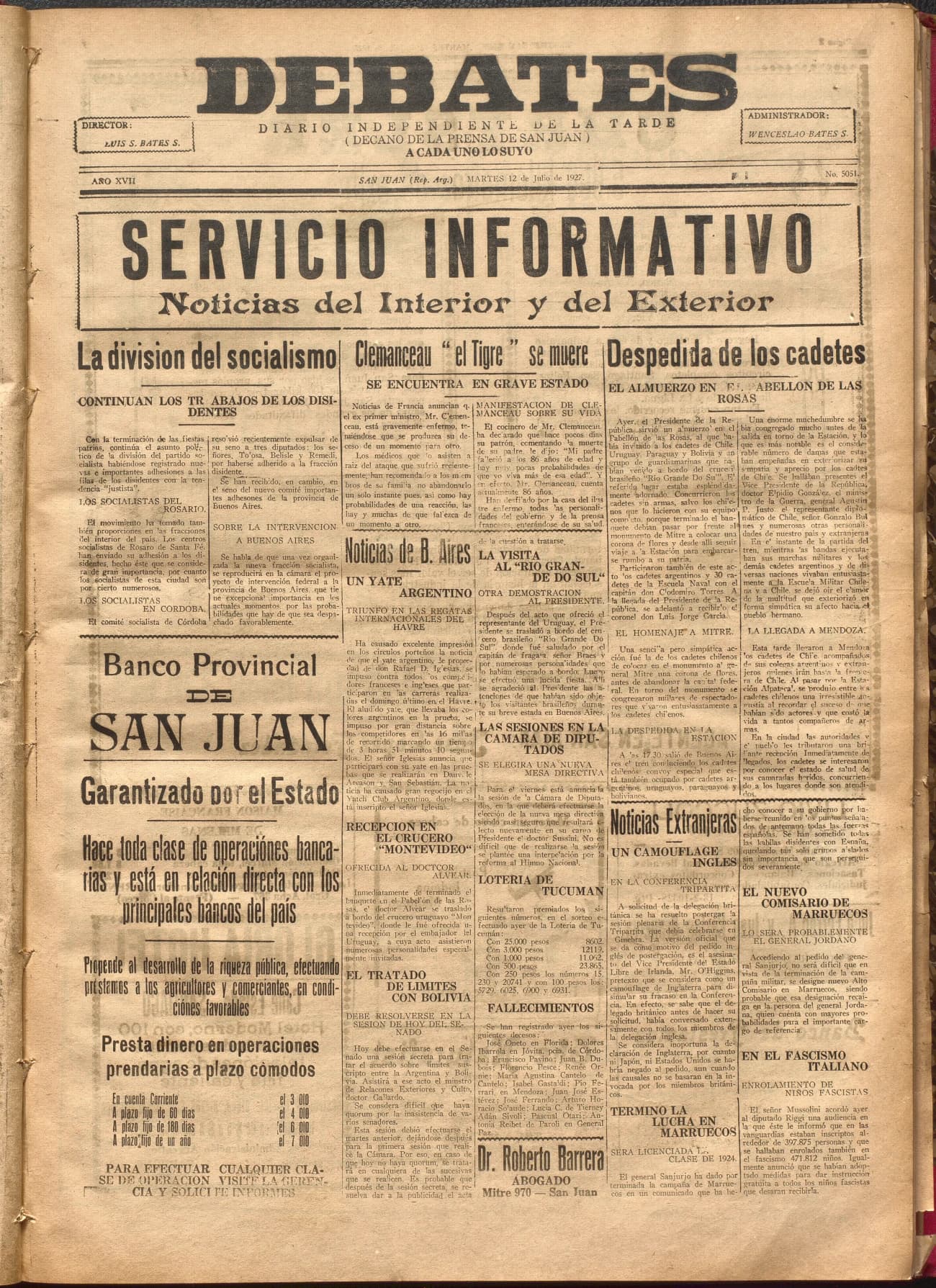 Portada · Diario Debates del 12 de julio de 1927