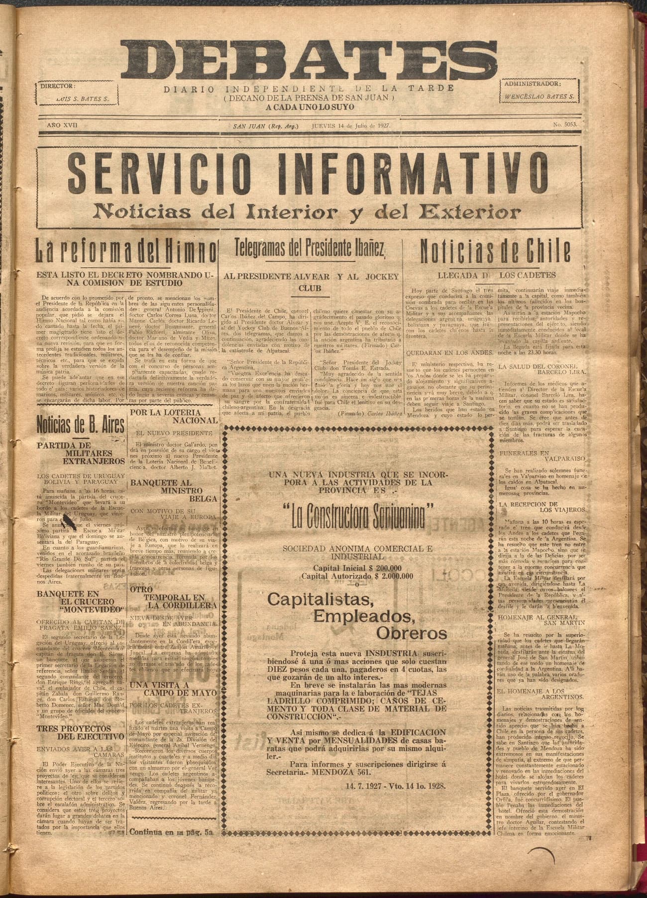 Portada · Diario Debates del 14 de julio de 1927