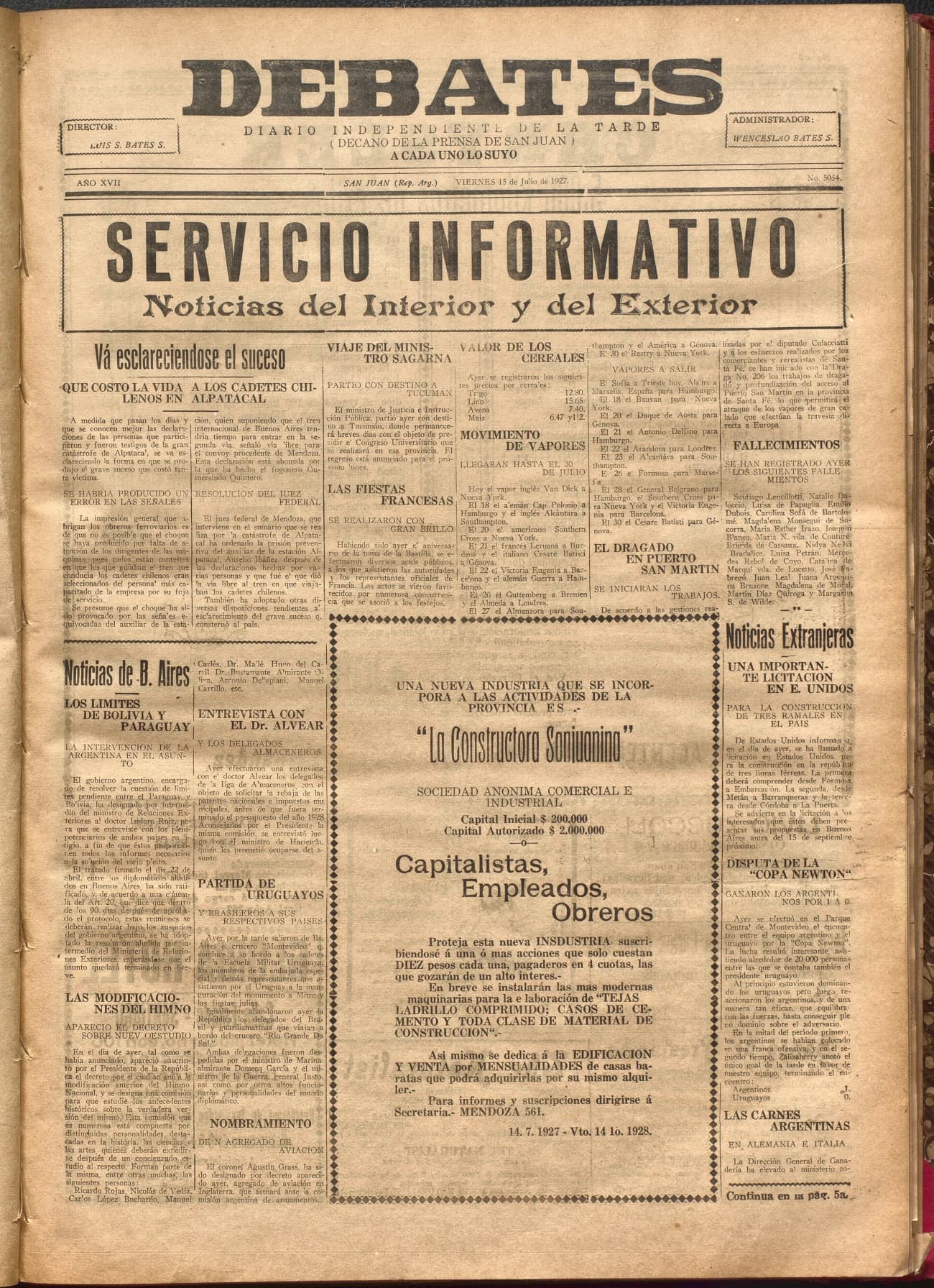 Portada · Diario Debates del 15 de julio de 1927
