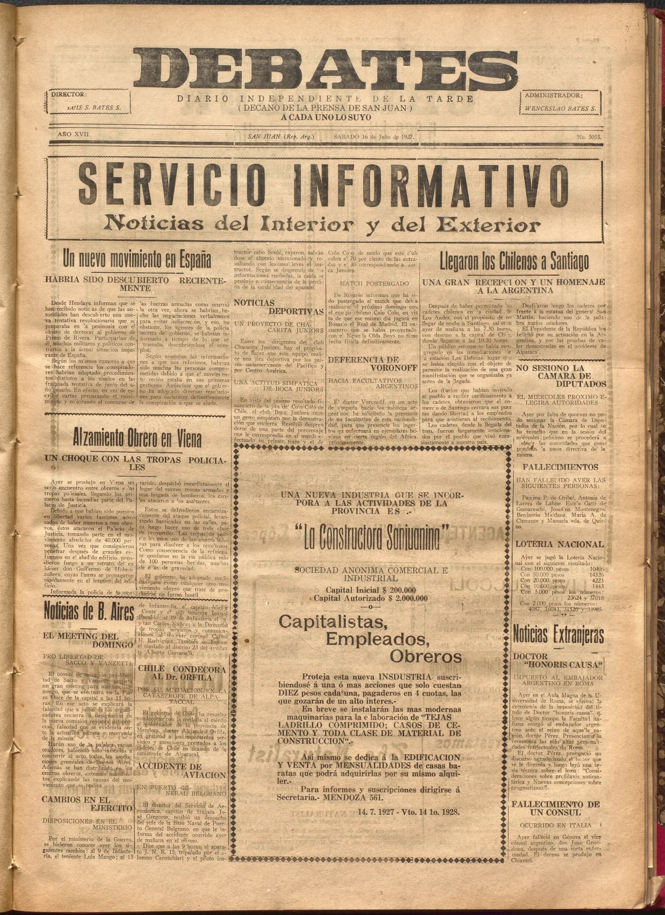 Portada · Diario Debates del 16 de julio de 1927