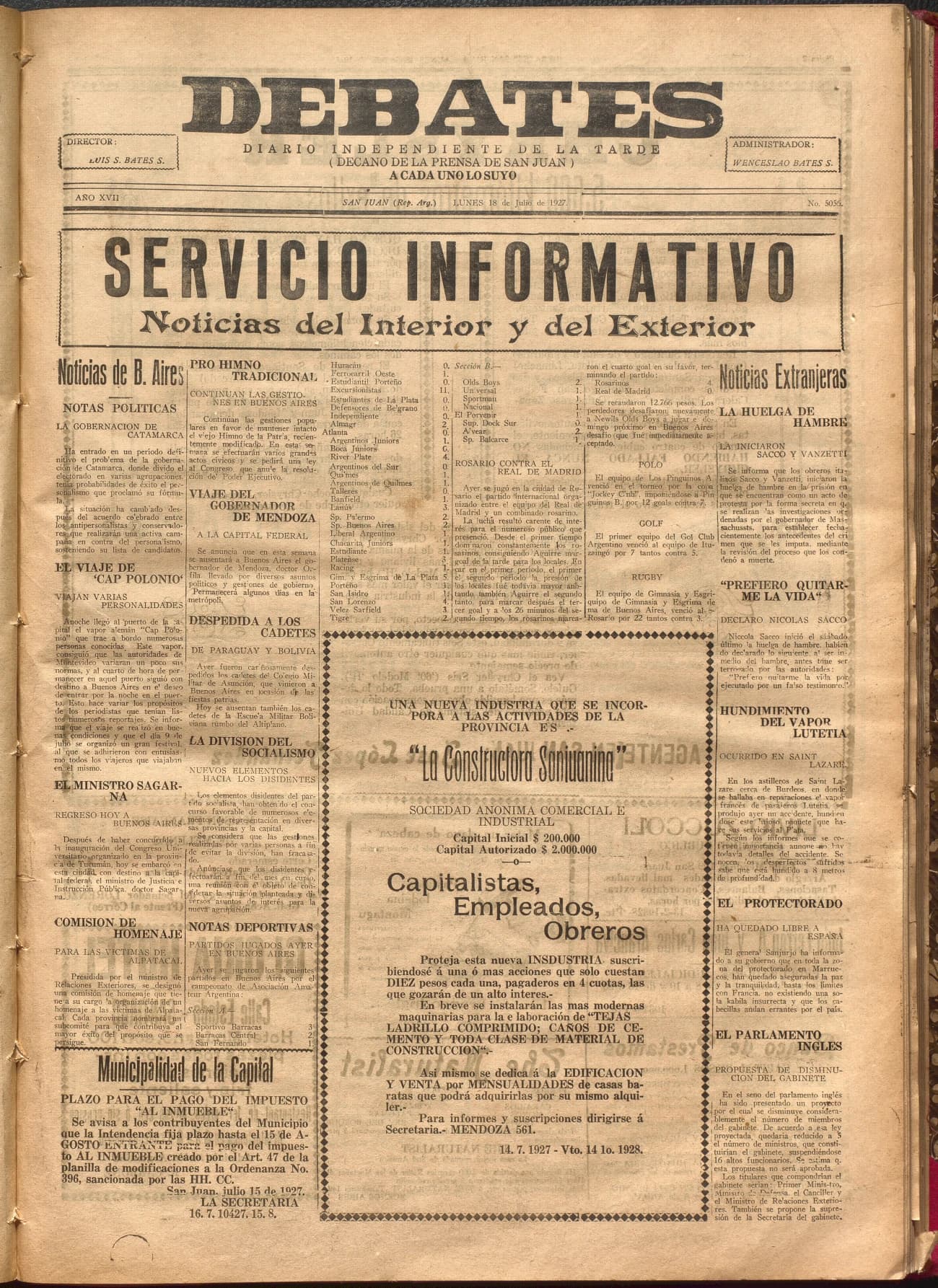 Portada · Diario Debates del 18 de julio de 1927
