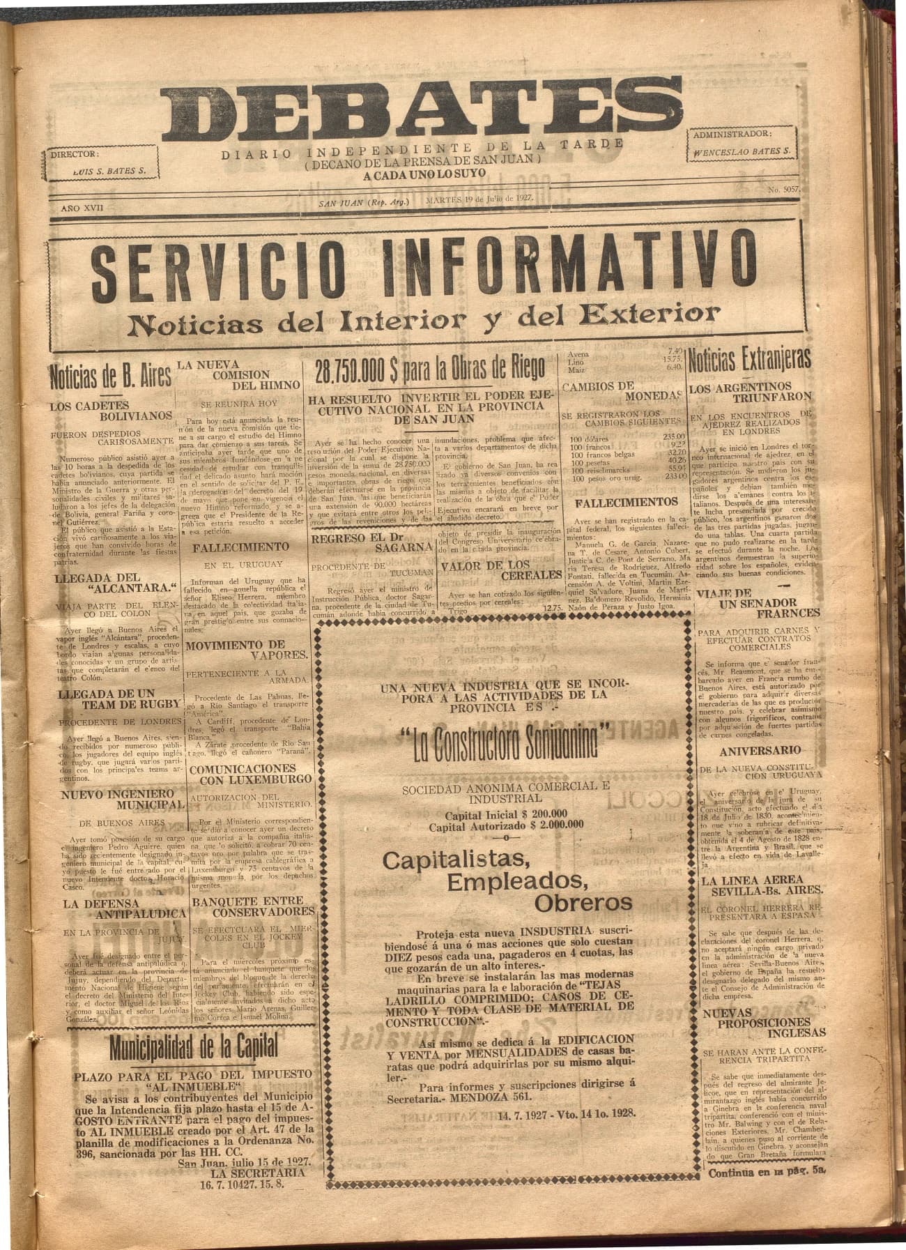 Portada · Diario Debates del 19 de julio de 1927