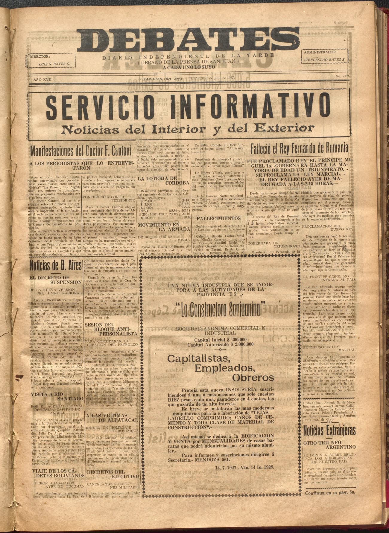 Portada · Diario Debates del 21 de julio de 1927