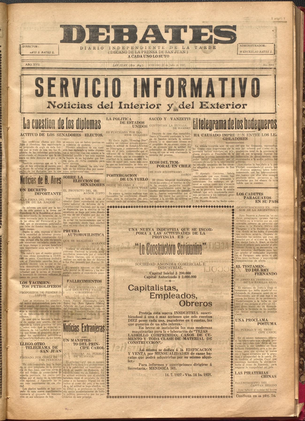Portada · Diario Debates del 23 de julio de 1927