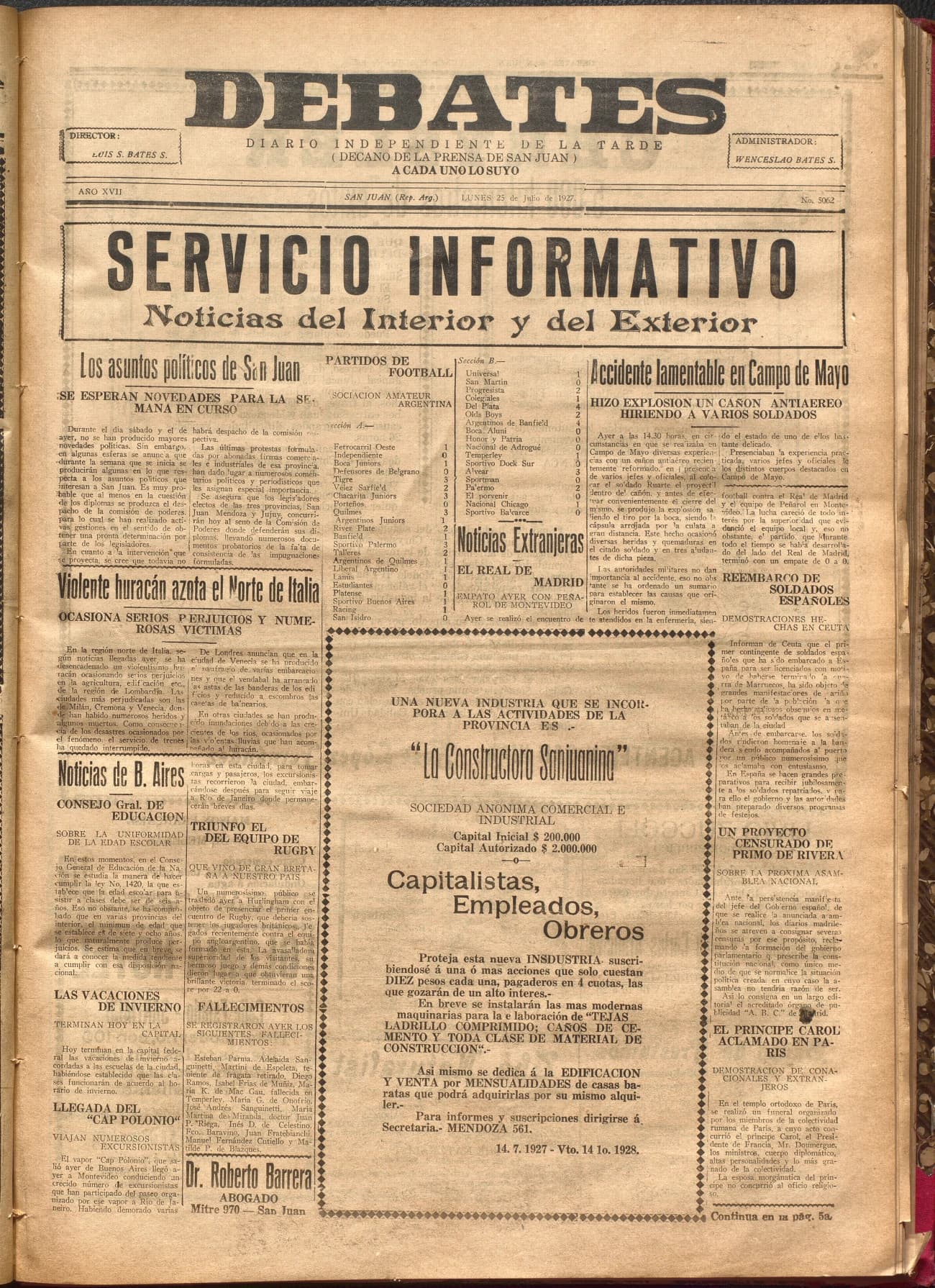 Portada · Diario Debates del 25 de julio de 1927